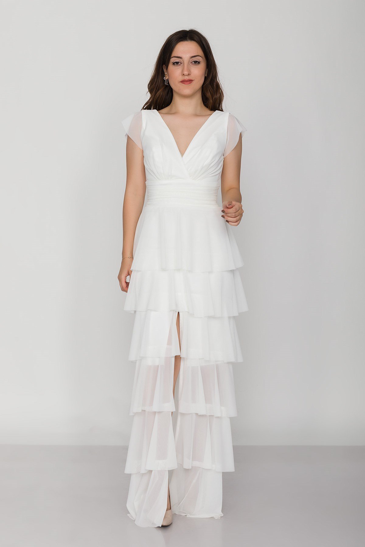 2040 KB Eteği Katkat Kruvaze Yaka Uzun Elbise