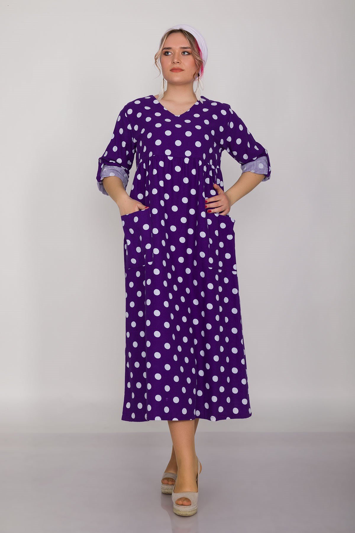 2041-1 İri Puantiyeli Cepli FakirKol Pamuk Viscon Elbise