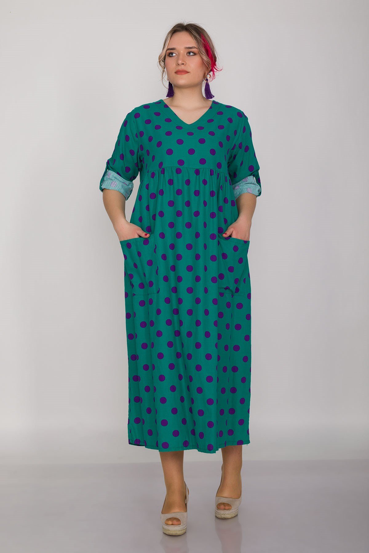 2041-1 İri Puantiyeli Cepli FakirKol Pamuk Viscon Elbise