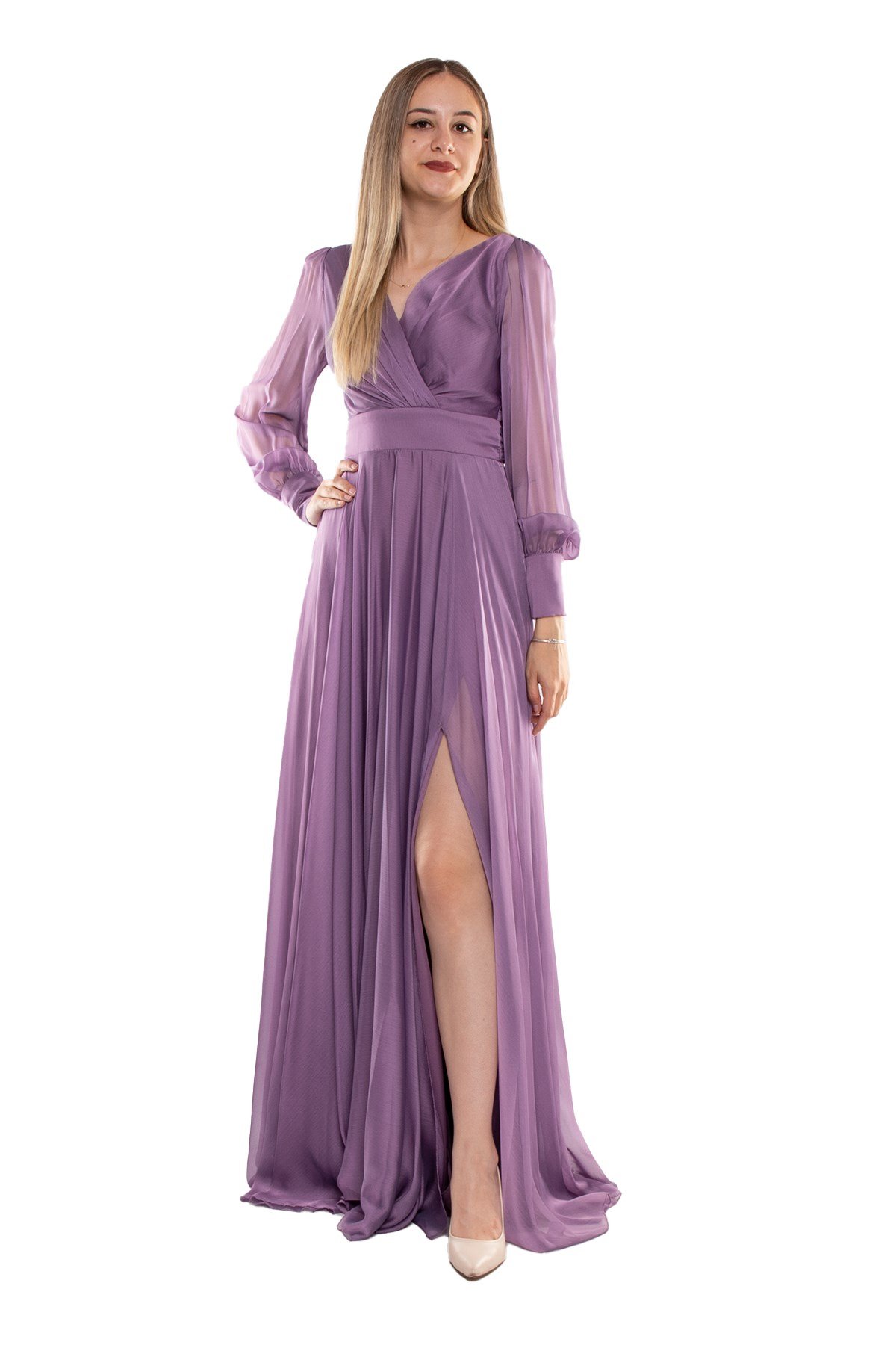 2082 Kristal Şifon Kruvaze Yaka Yırtmaçlı Kollu Uzun Abiye