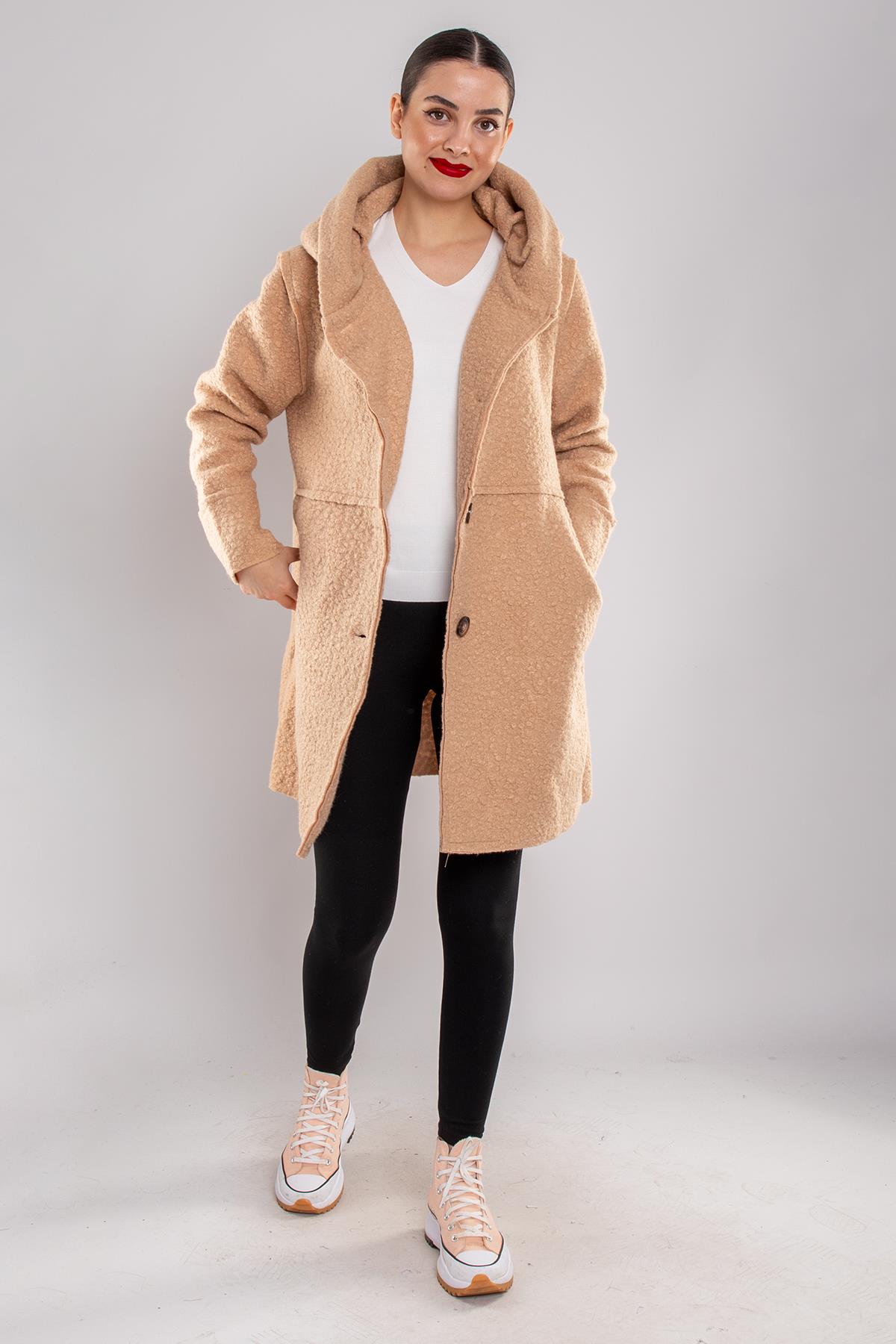 21224 4 Düğmeli Kapüşonlu Keçe Kaban