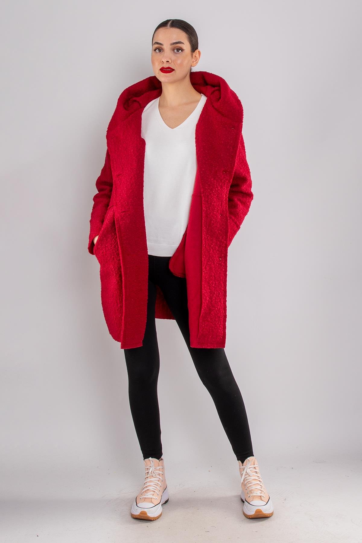 21224 4 Düğmeli Kapüşonlu Keçe Kaban