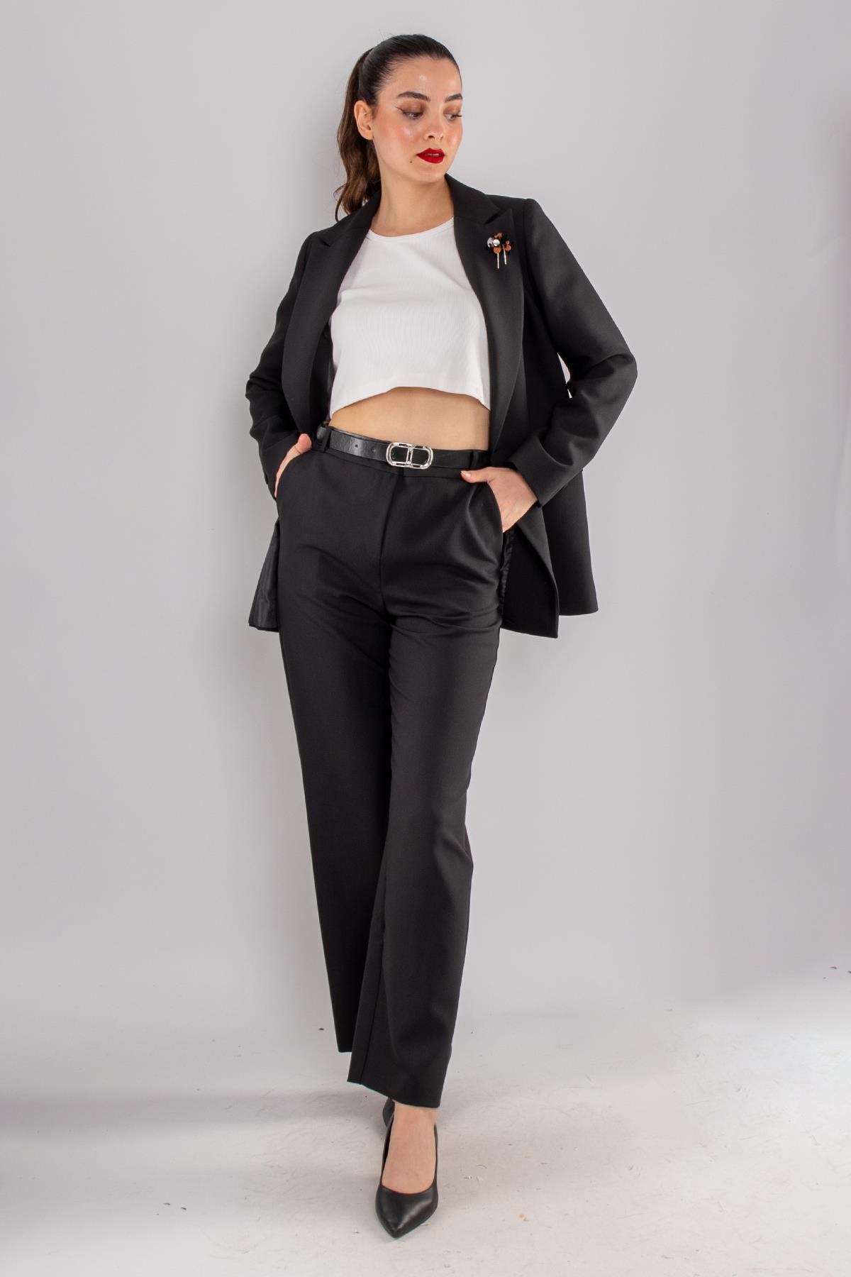 2128 2 Düğme Broşlu Ceket Bol Paça Pantolon İkili Takım