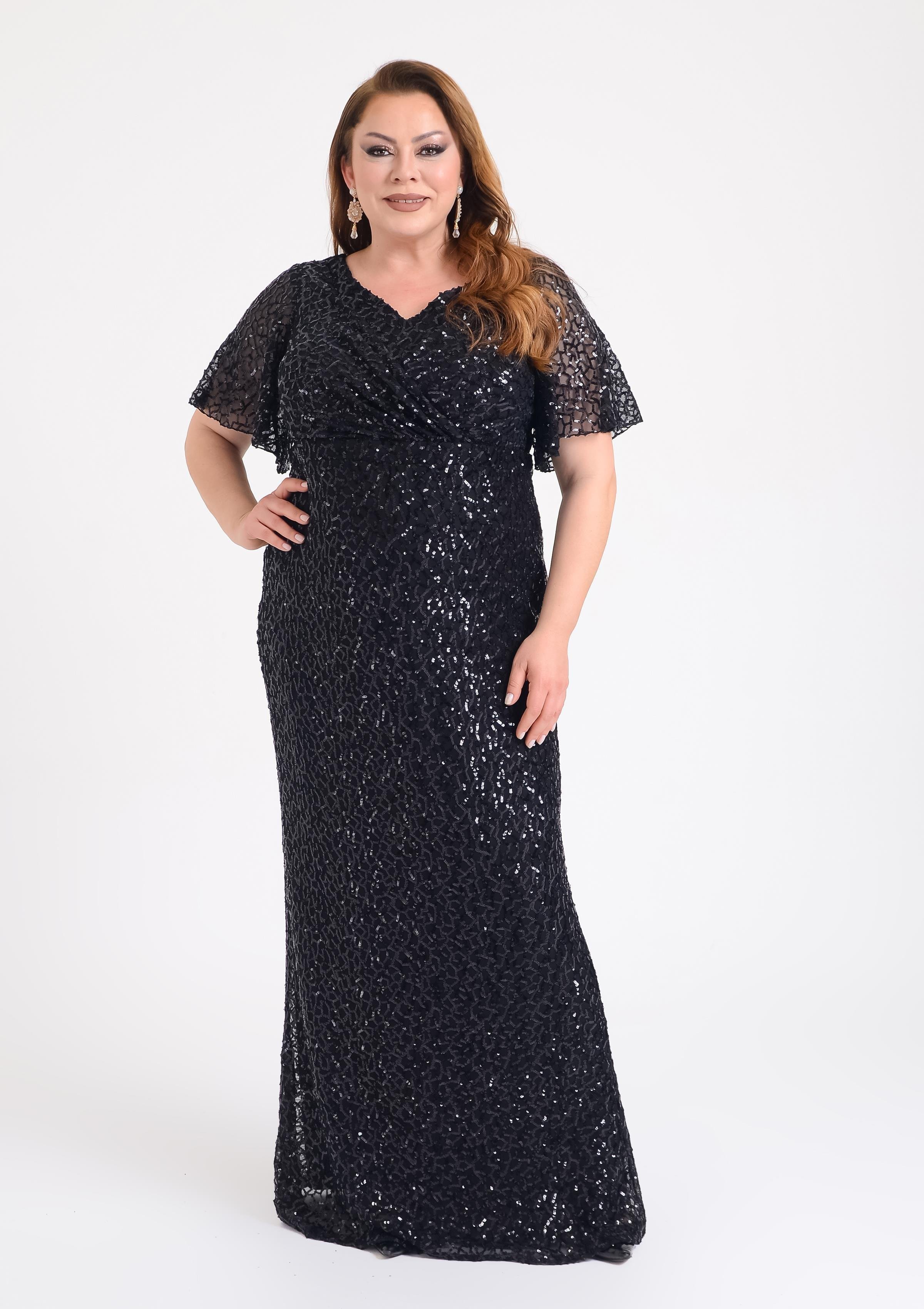 2408 Büyük Beden Vyaka Pulpayet Mendil Kol Uzun Elbise