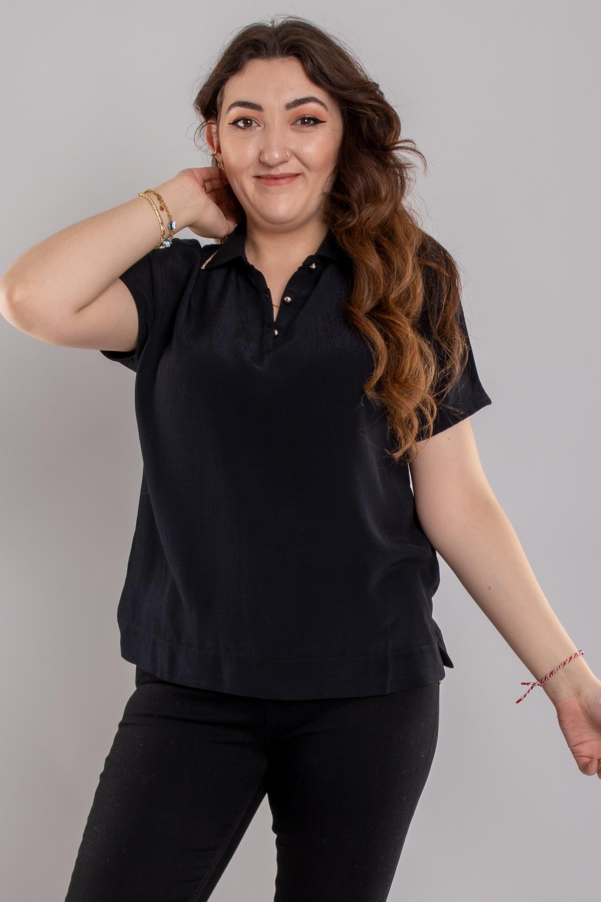 24E082 Polo Yaka Düğmeli Kısa Kol Viscon Bluz