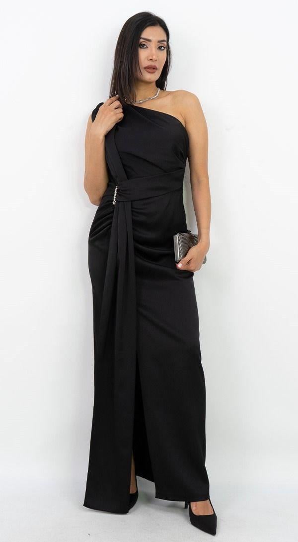 25245 Tek Omuz ŞalDetay Zincir Detay Uzun Saten Elbise