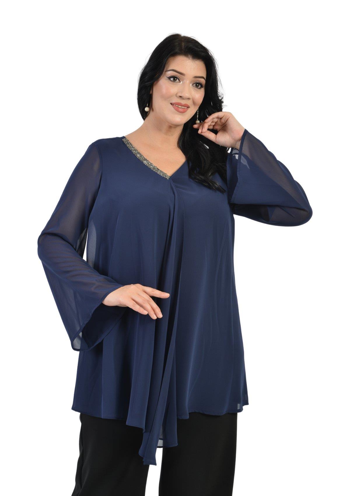 304 Büyük Beden VYaka Patı Taşlı Şifon Tunik