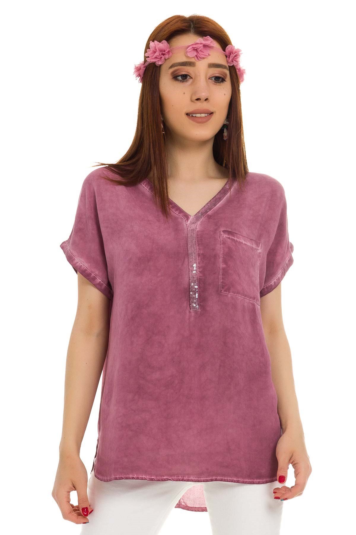 314 Yaka Pullu Yakma Keten Kısa Kol Bluz