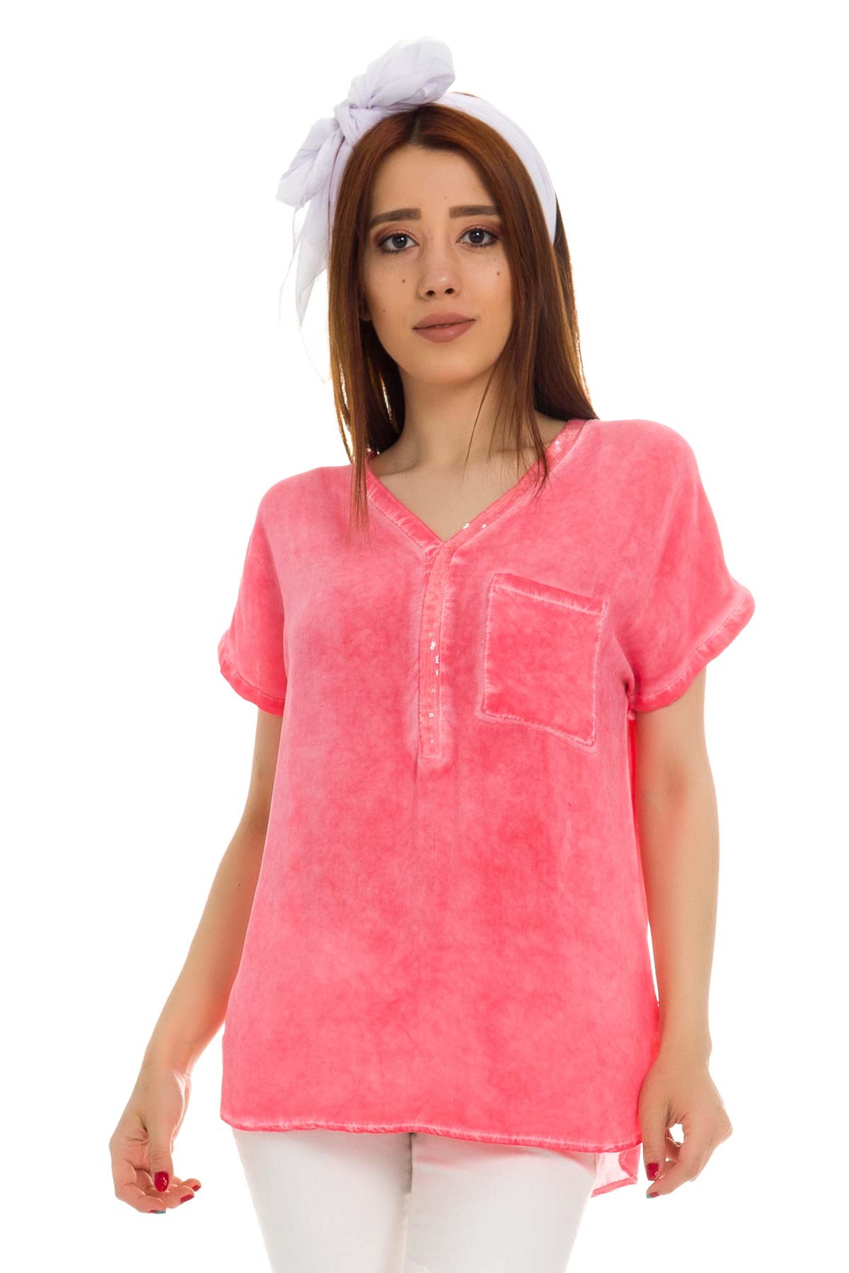 314 Yaka Pullu Yakma Keten Kısa Kol Bluz