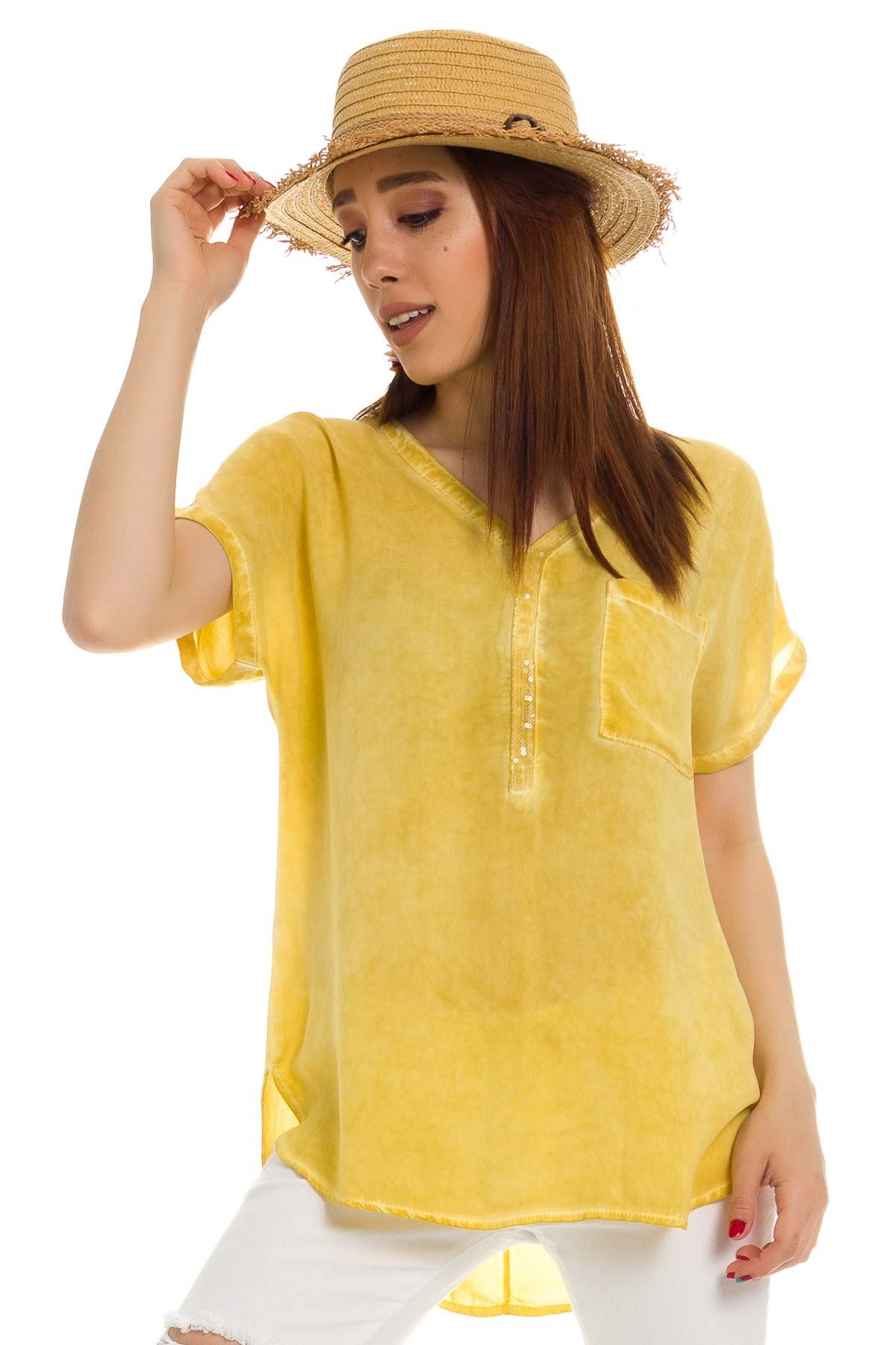 314 Yaka Pullu Yakma Keten Kısa Kol Bluz