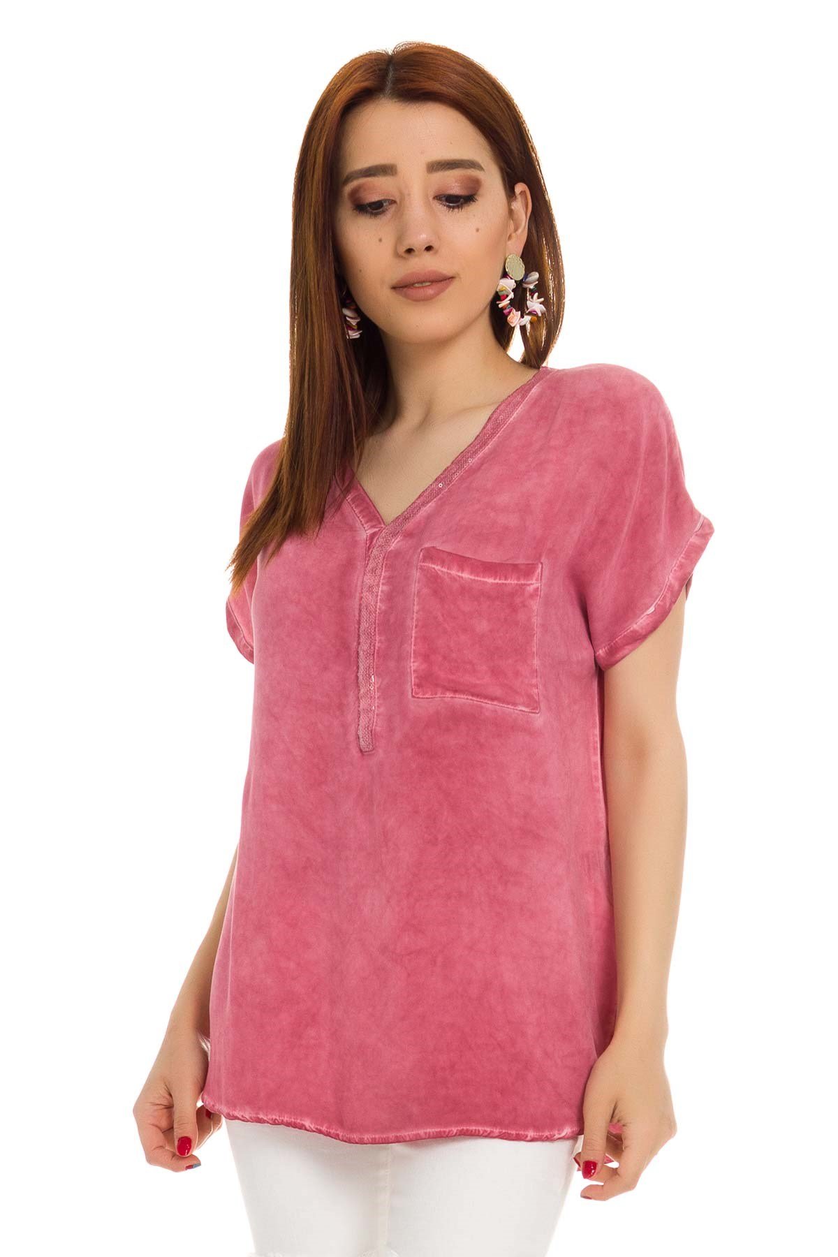 314 Yaka Pullu Yakma Keten Kısa Kol Bluz