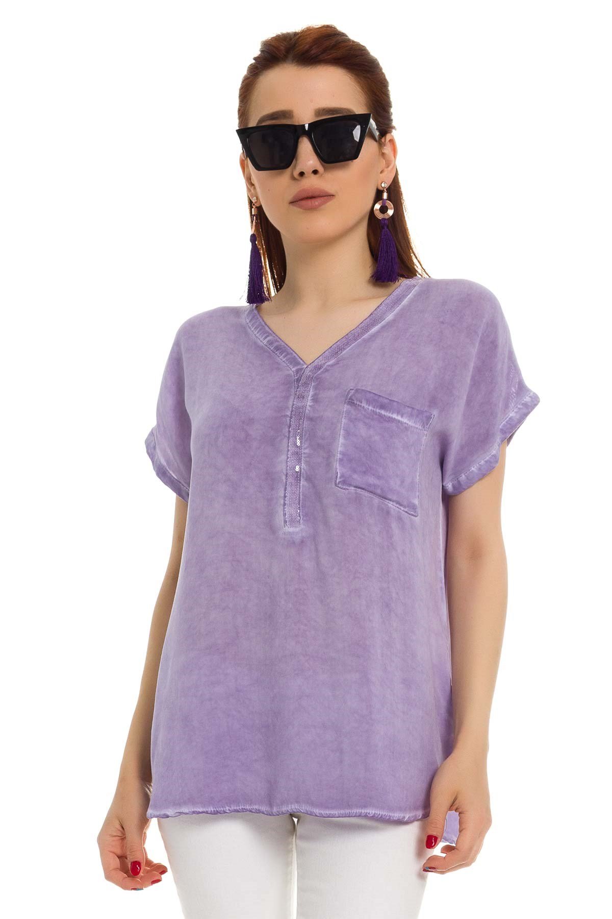 314 Yaka Pullu Yakma Keten Kısa Kol Bluz