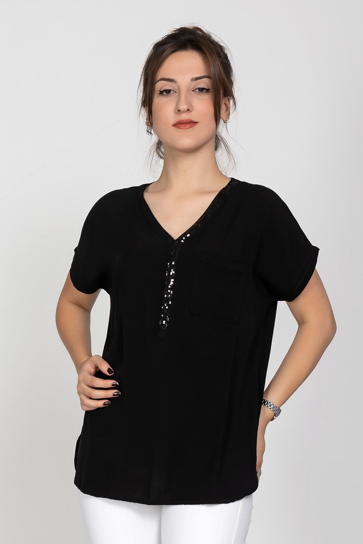 314 Yaka Pullu Yakma Keten Kısa Kol Bluz