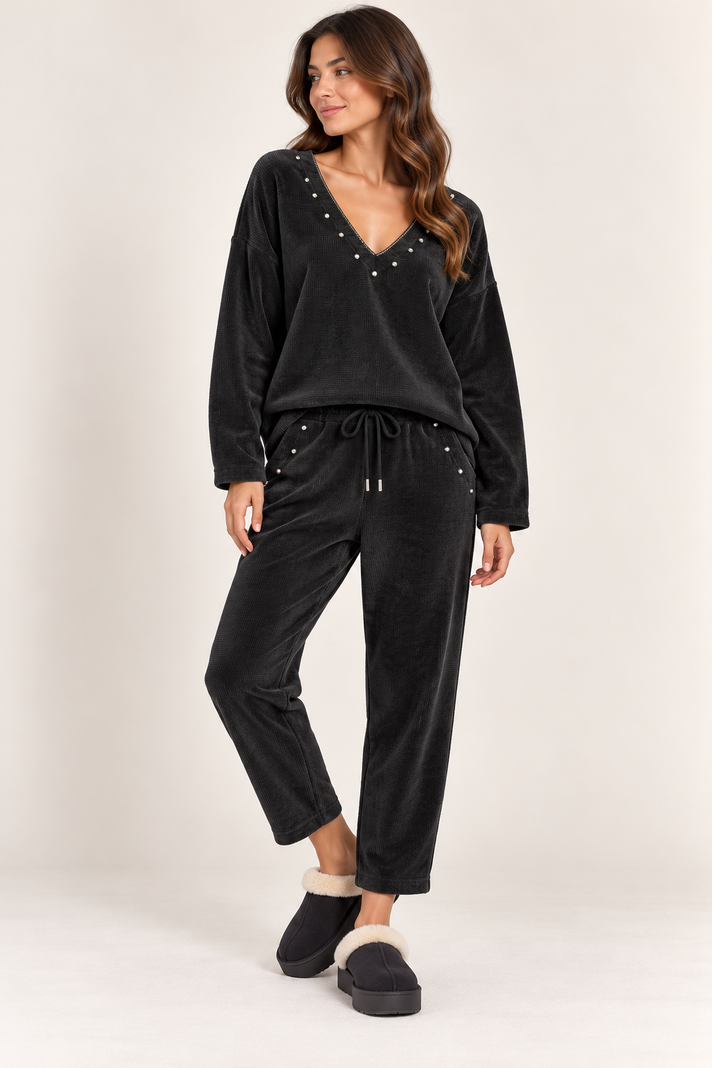 32259 Vyaka Zımba Detaylı Fitilli Sweat Pantolon Kadife Takım