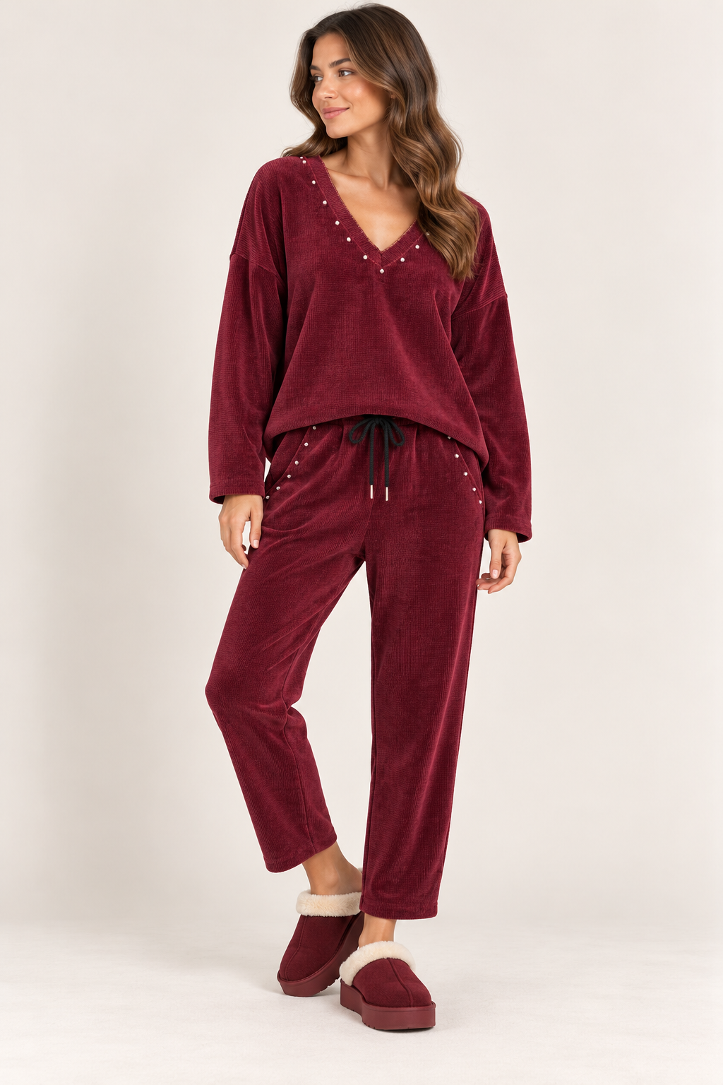 32259 Vyaka Zımba Detaylı Fitilli Sweat Pantolon Kadife Takım
