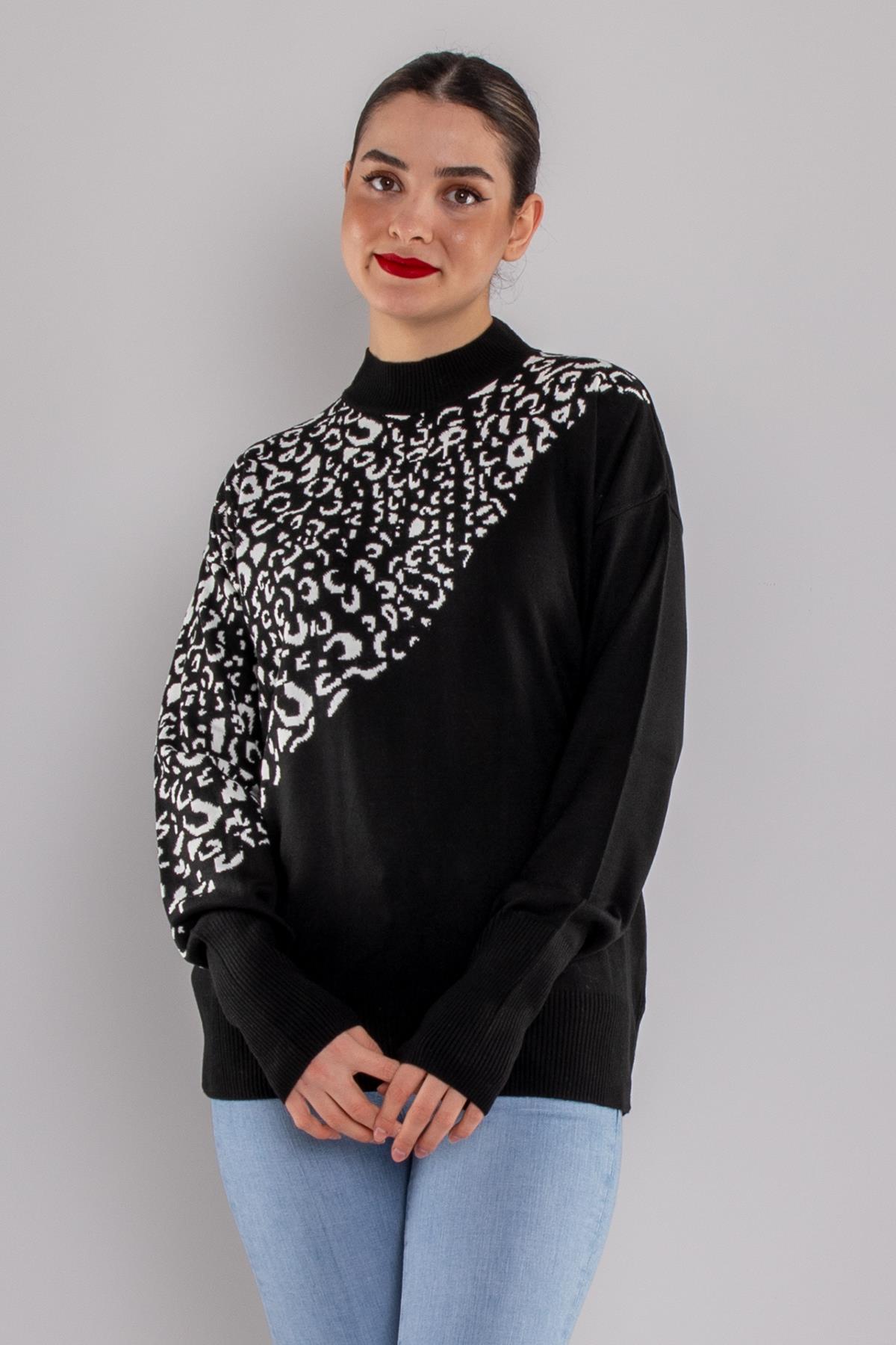 32274 Balıkçı Yaka Leopar Desenli Kazak