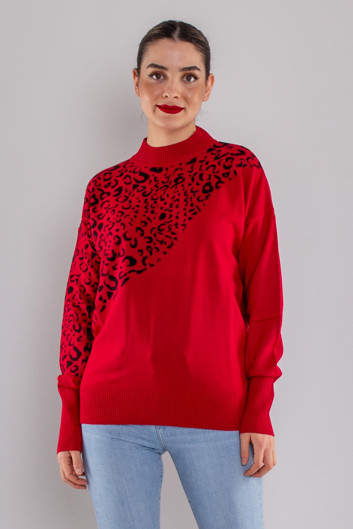 32274 Balıkçı Yaka Leopar Desenli Kazak