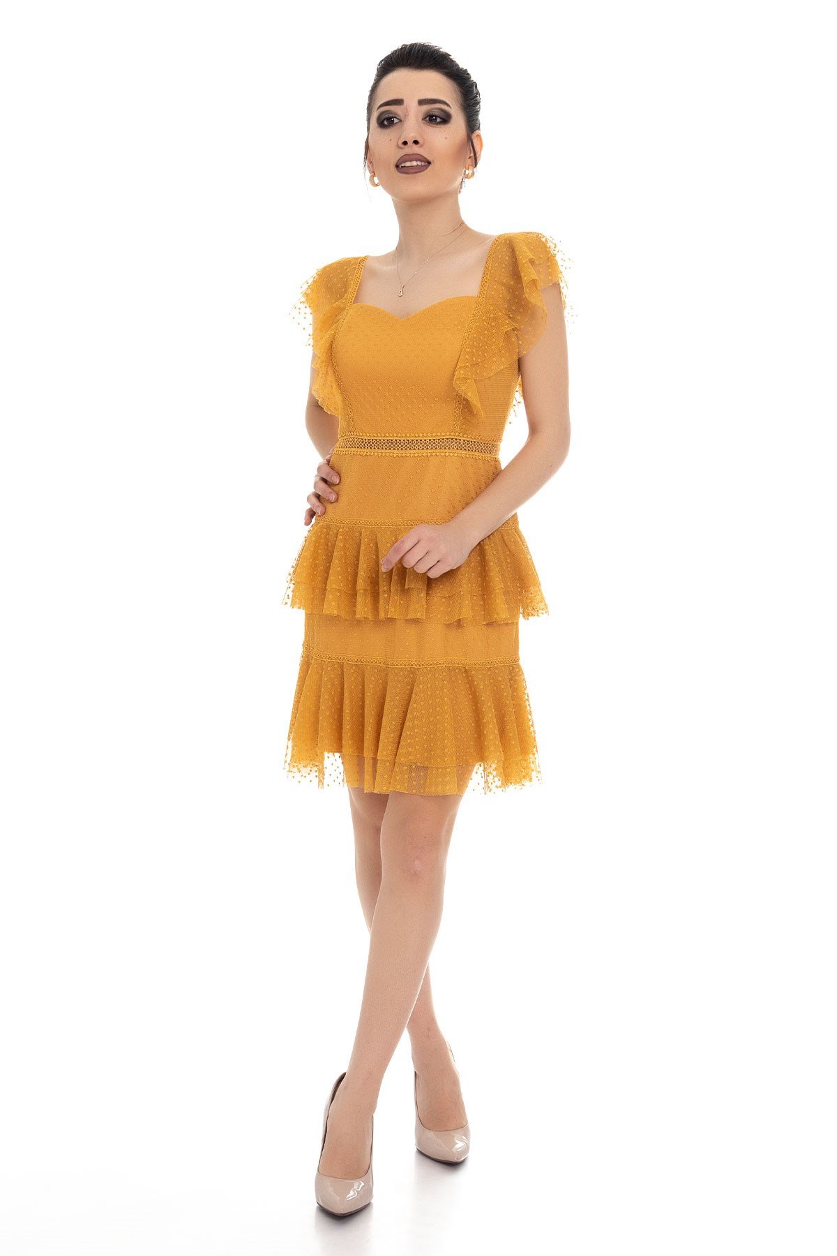 323 BB Öpücük Yaka-Eteği Fırfırlı Kısa Abiye