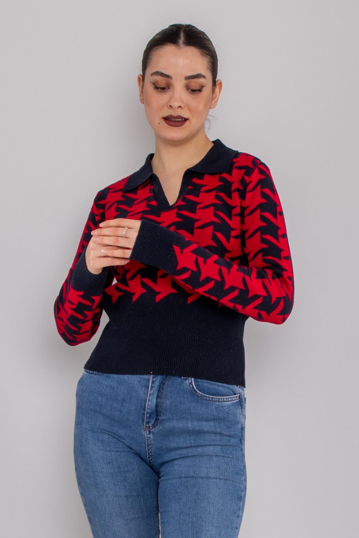 32408 Patlı Polo Yaka Kazayağı Desenli Triko Kazak