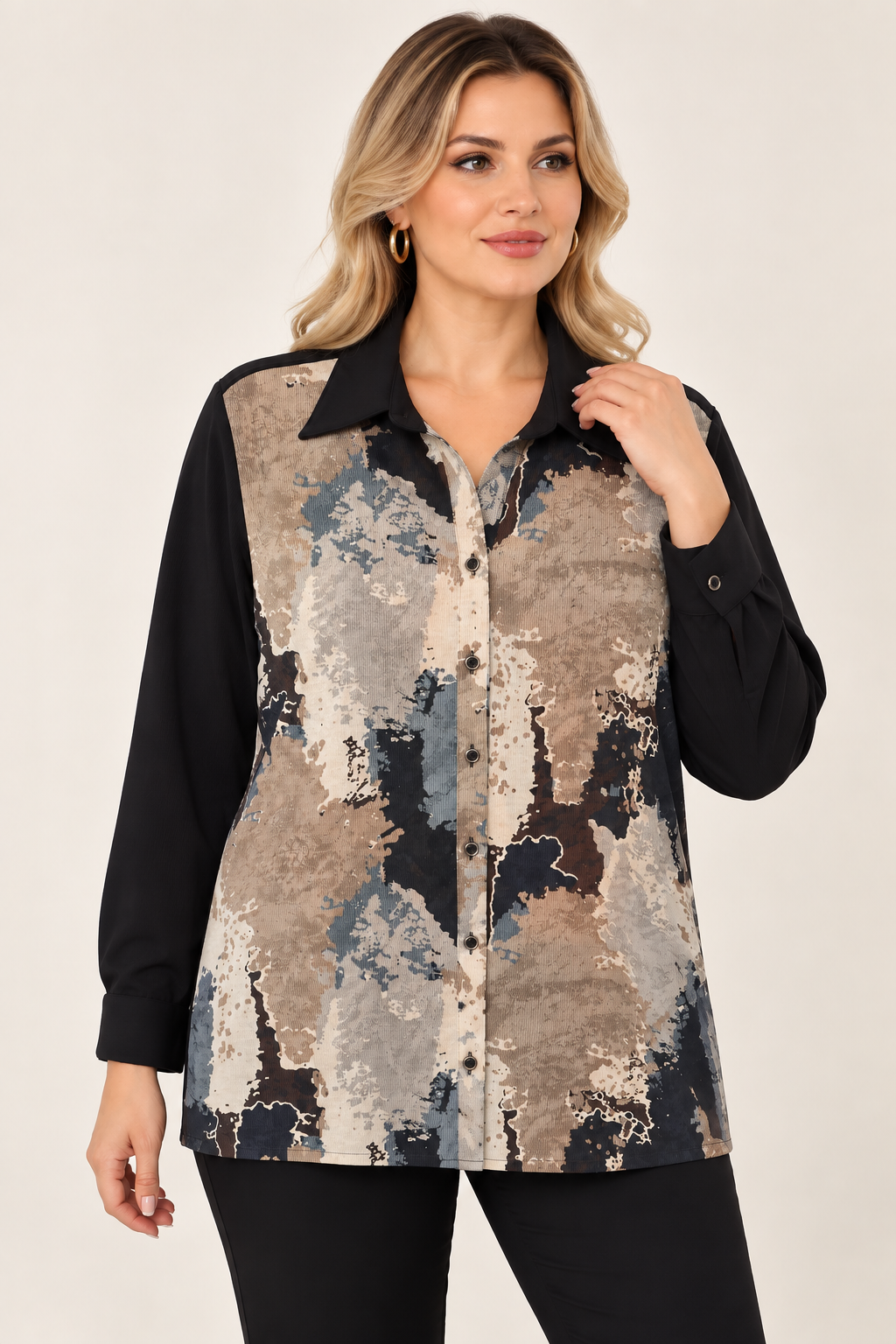 3418 Battal Batik Desen Düğmeli Modal Gömlek
