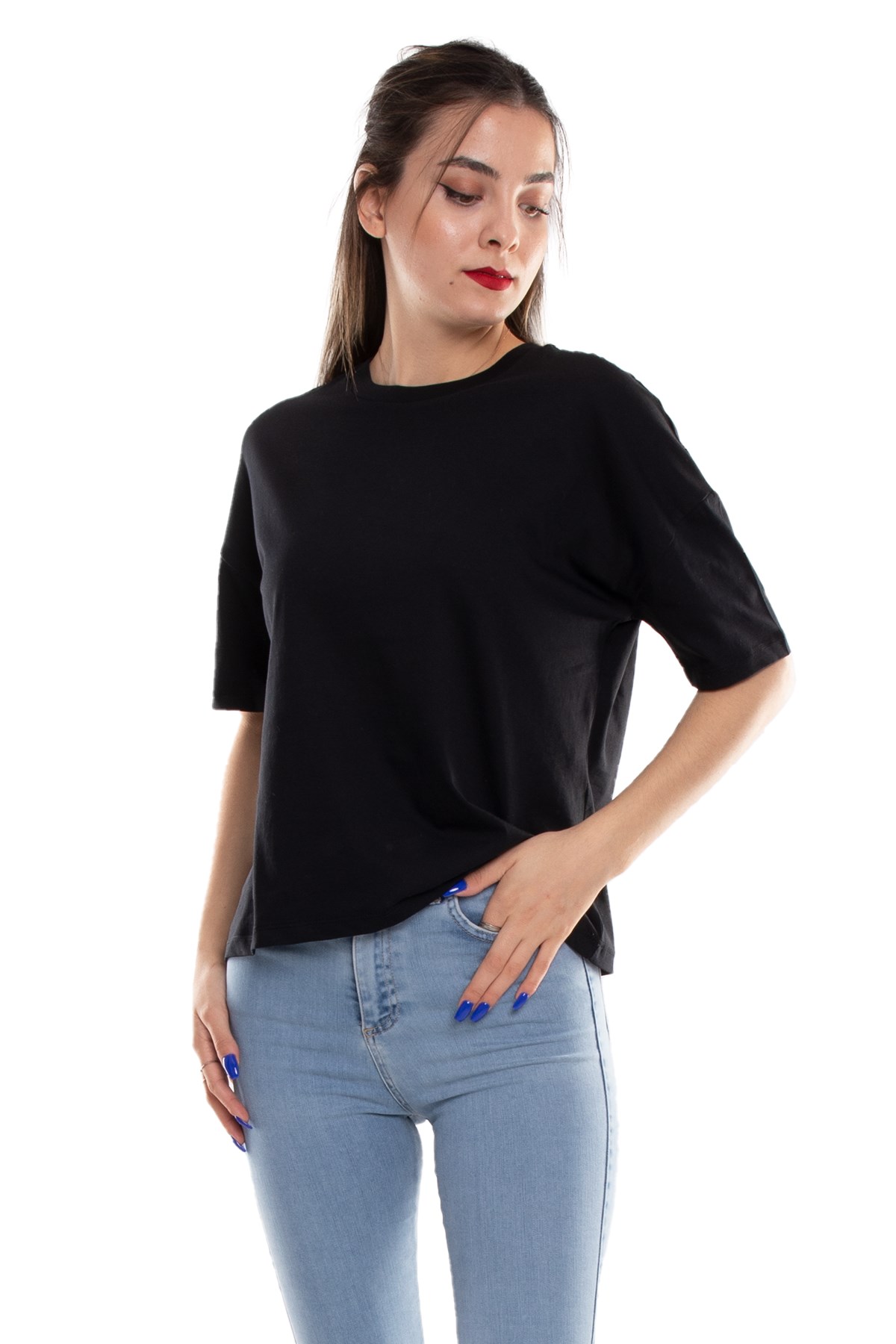 3683 Bisiklet Yaka Basic Pamuk Kadın Tshirt