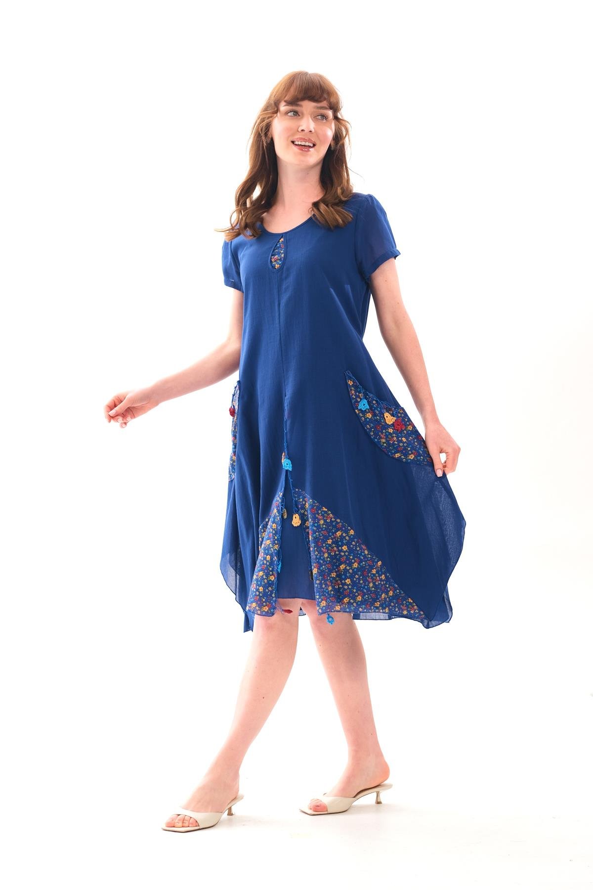 3705 Etek Ucu Asitmetrik Detay Kısa Kol Otantik Pamuk Elbise