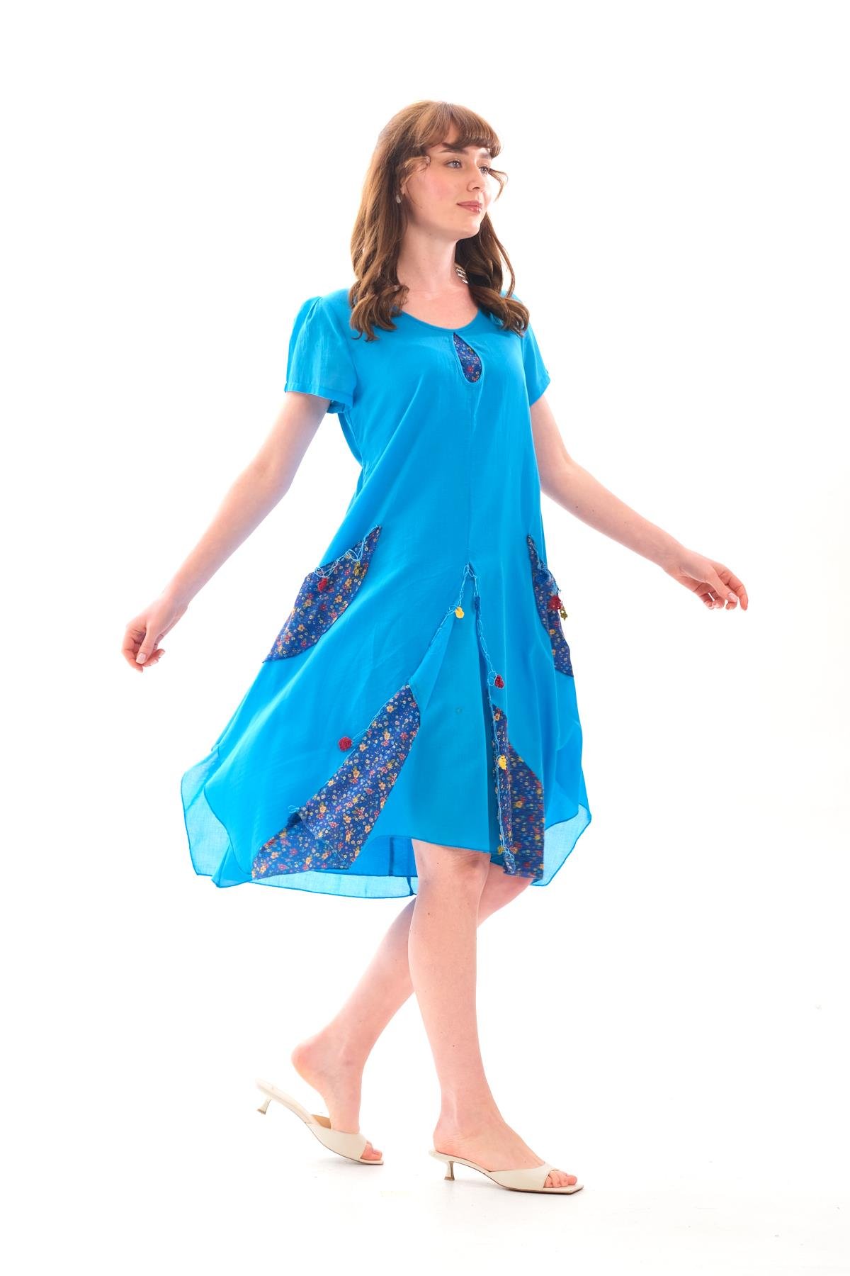 3705 Etek Ucu Asitmetrik Detay Kısa Kol Otantik Pamuk Elbise