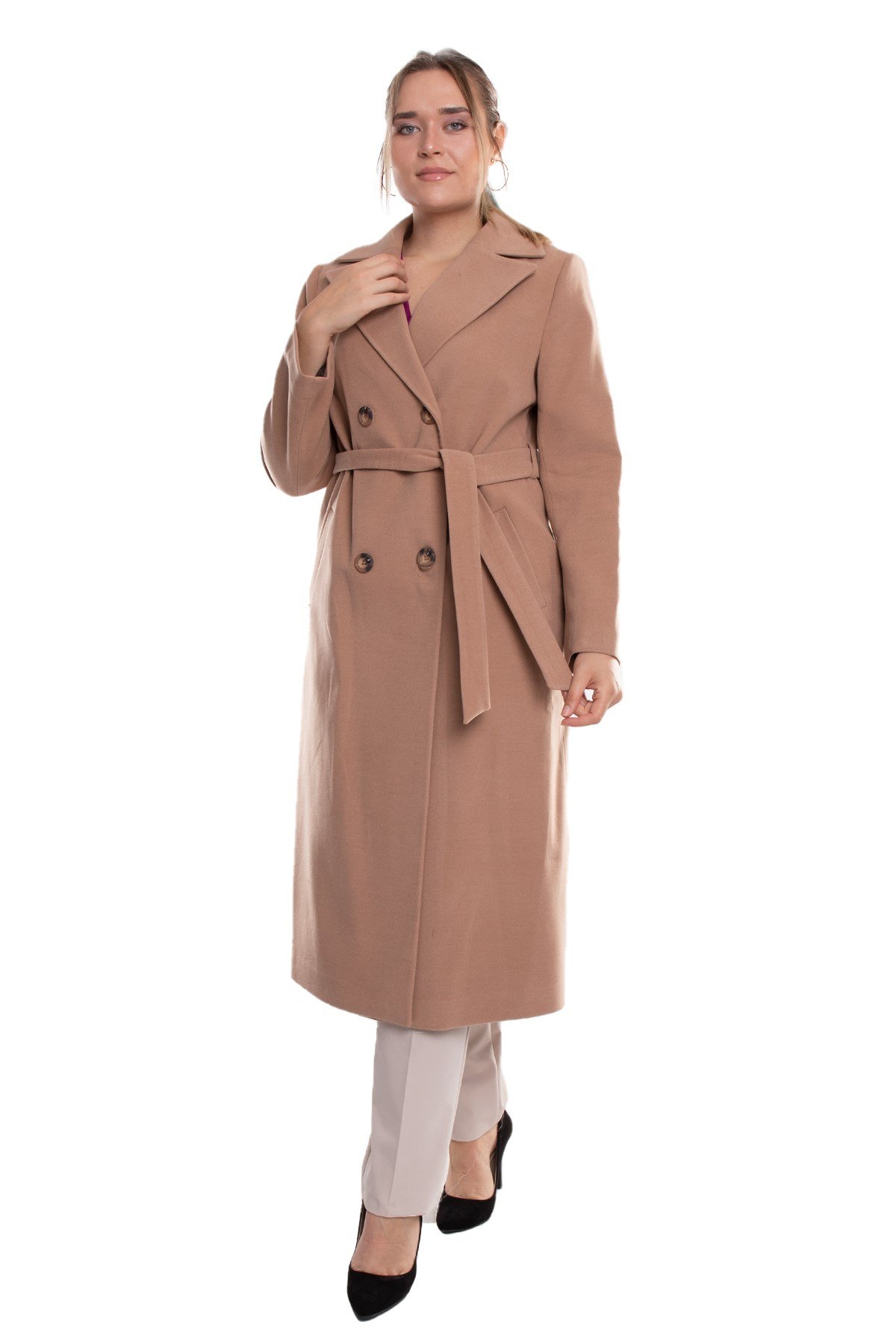 3854 Büyük Beden P.M.Erkek Yaka Kuşaklı Kadın Uzun Kaşe Kaban