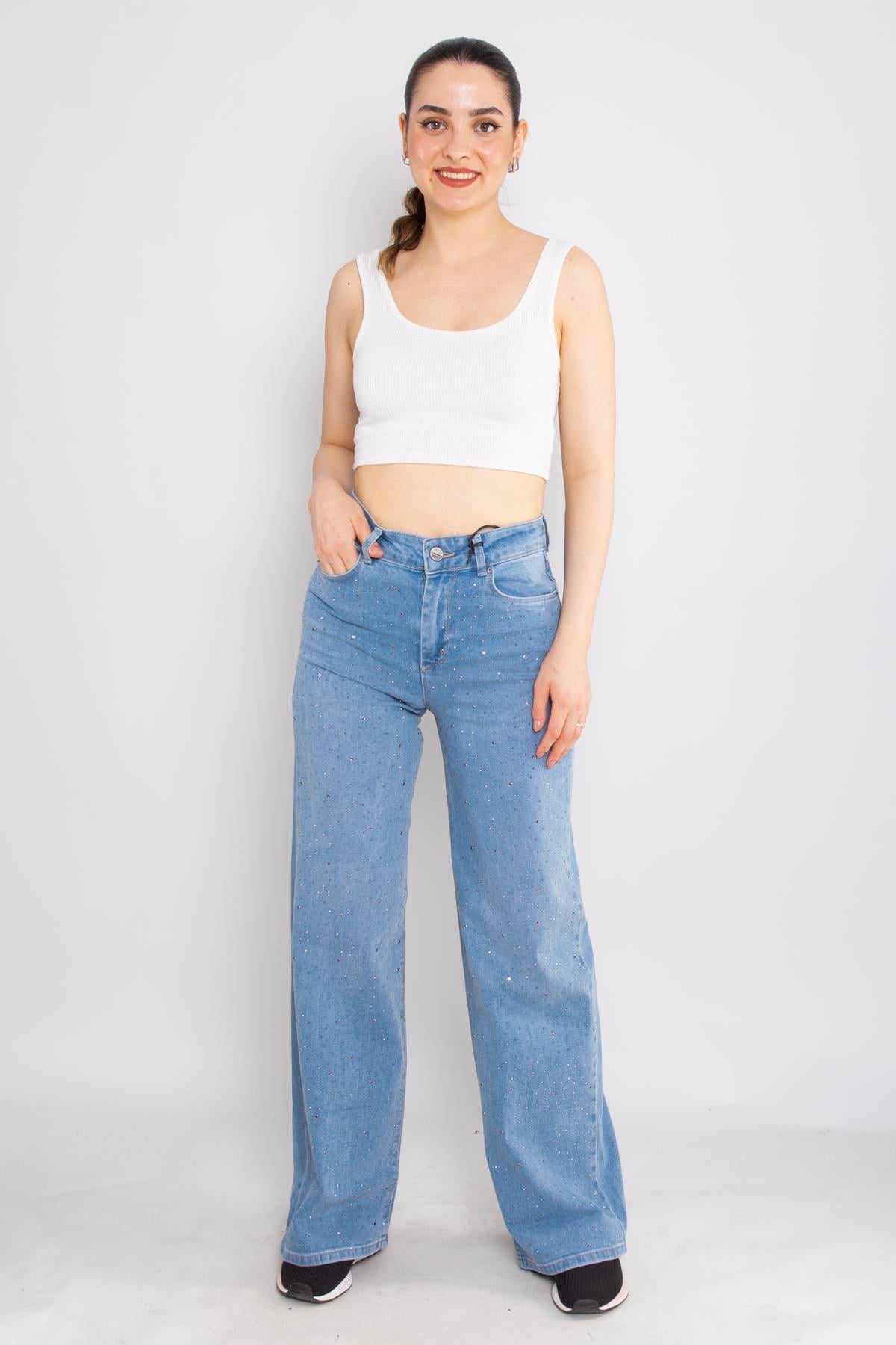 415 Serpme Taşlı Bol Paça Mom Jean