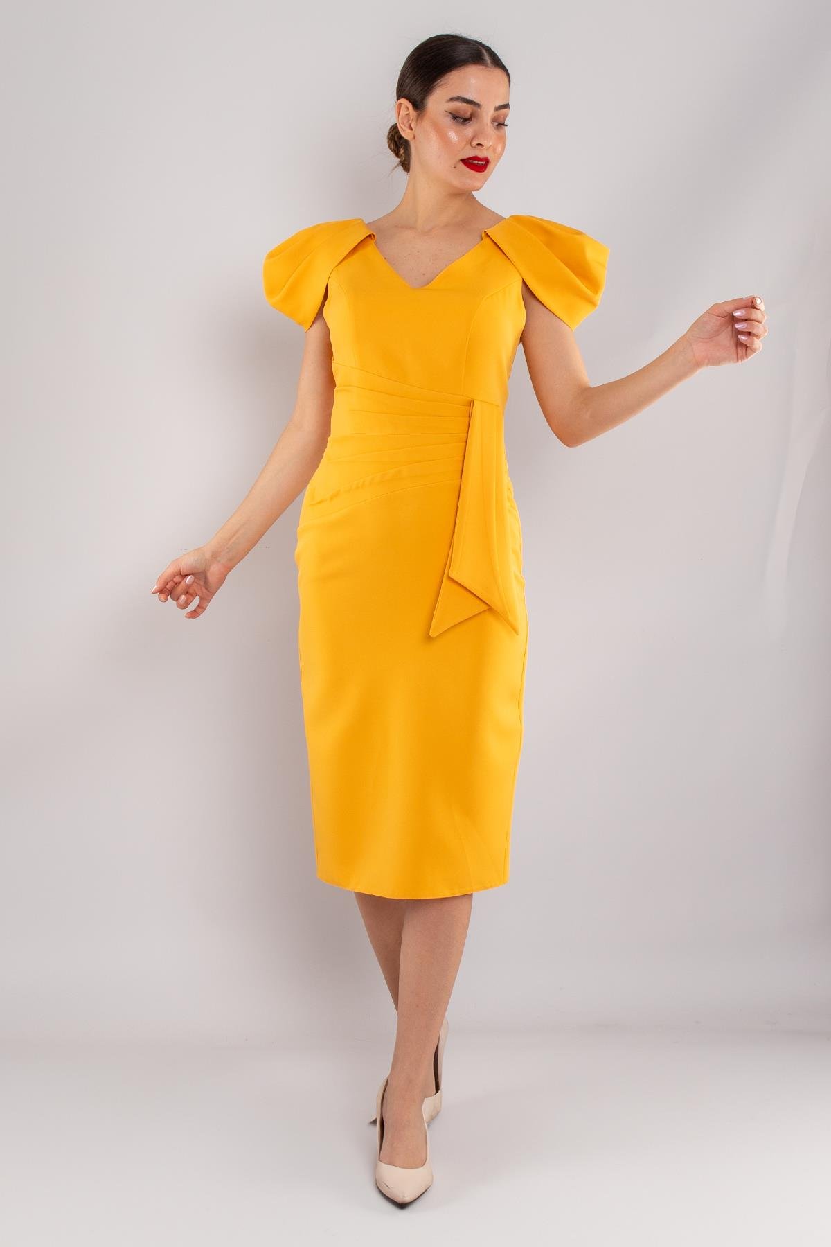 4165 Vyaka Omuz Apoletli Beli Pile Kuşaklı Midiboy Elbise