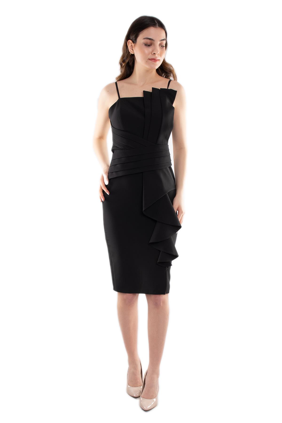 4166 İp Askı Yaka Detay Eteği Valonlu Kısa Krep Elbise