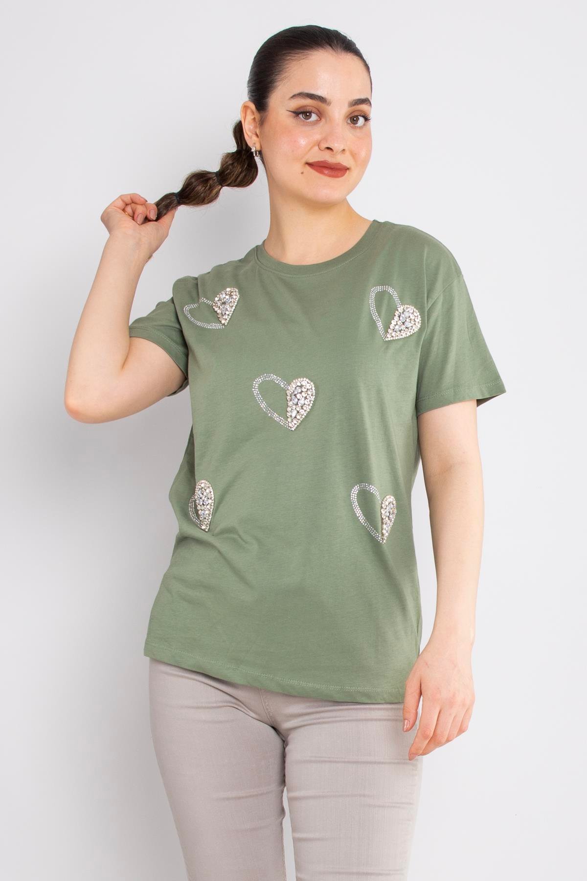 4504 (7691) Bisiklet Yaka Kalp Baskı Taşlı Pamuk Tshirt