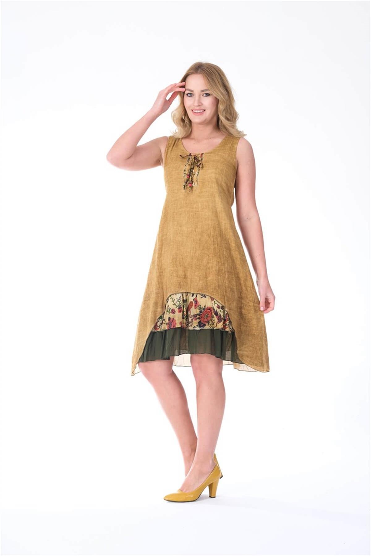 4533 Yakası İpli Eteği Parçalı Kolsuz Pamuk Otantik Elbise