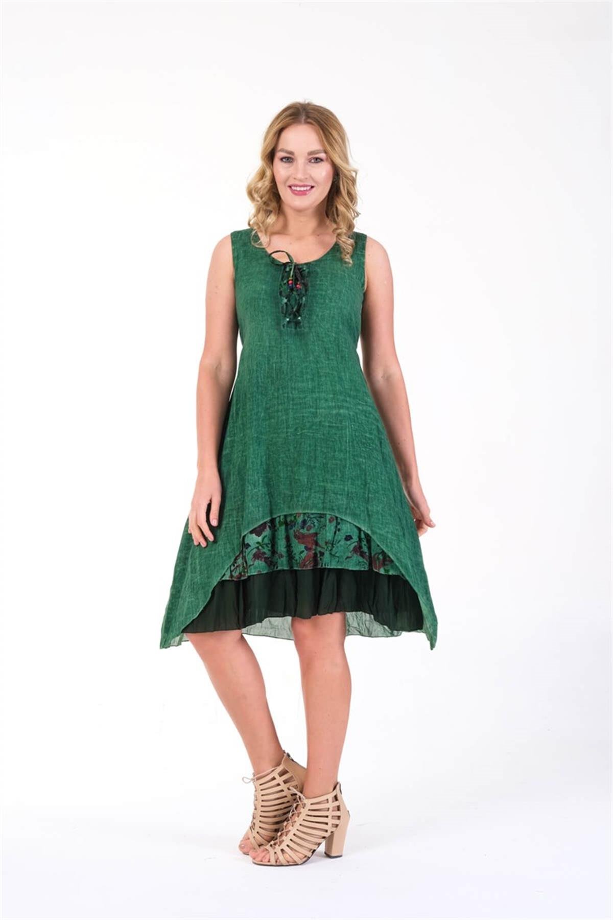 4533 Yakası İpli Eteği Parçalı Kolsuz Pamuk Otantik Elbise