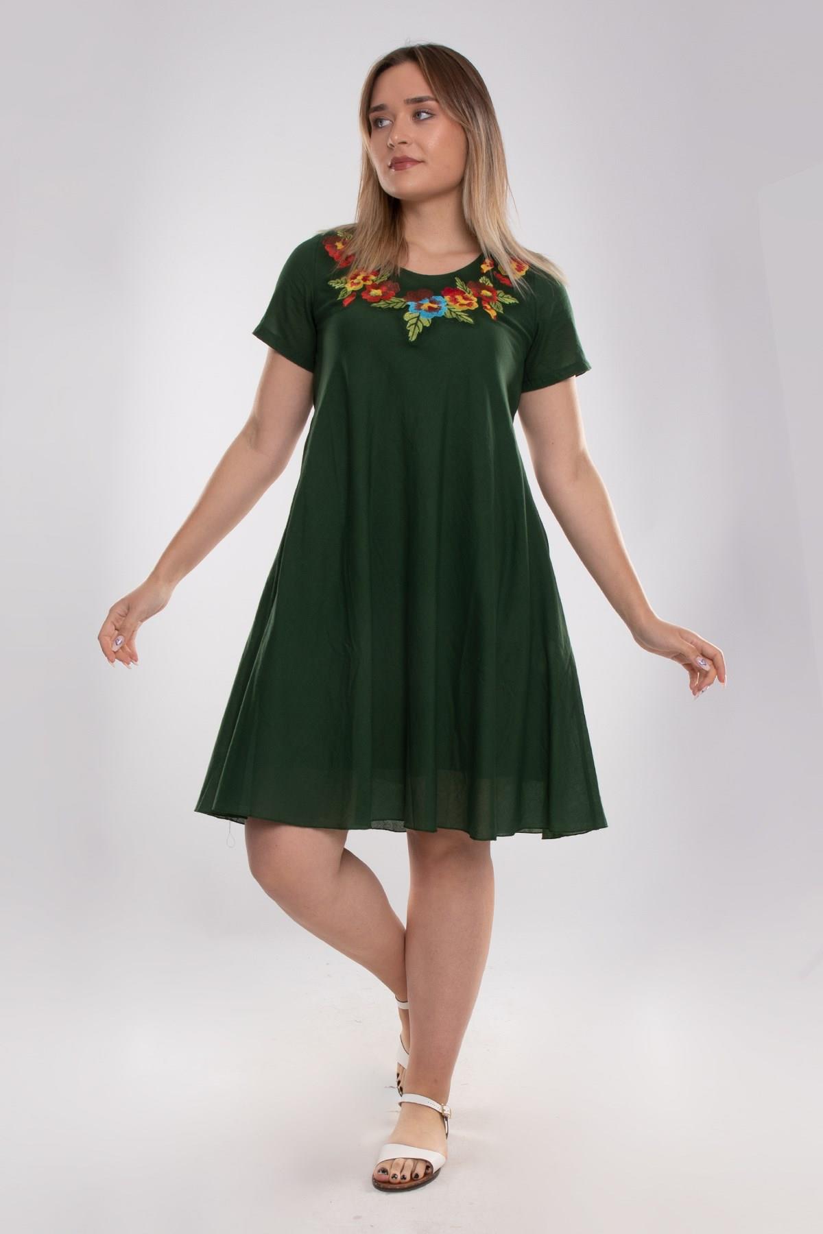 4614 Yaka Çiçek Nakışlı Beli İpli KısaKol Pamuk Otantik Elbise