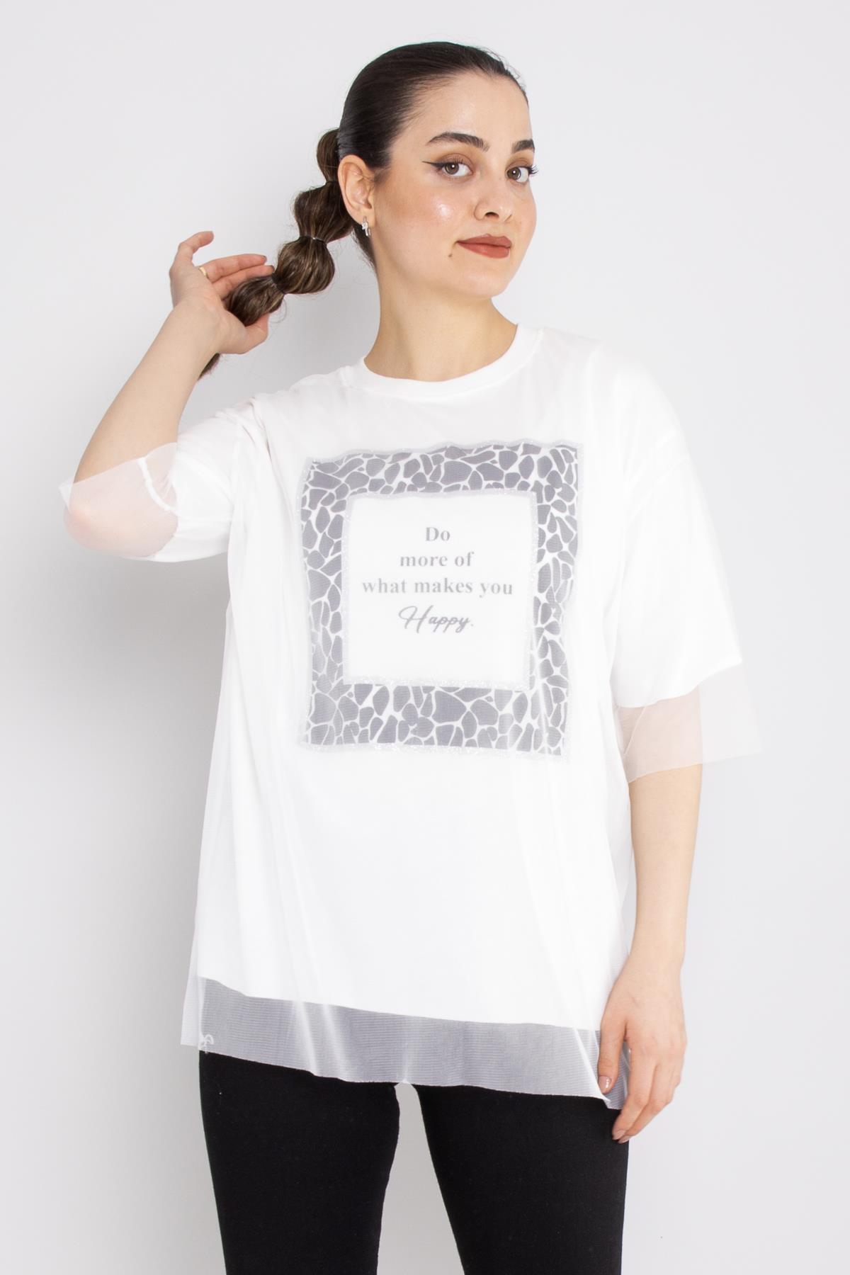 4630 Tüllü Leopar Desenli Bisiklet Yaka Pamuklu Tshirt