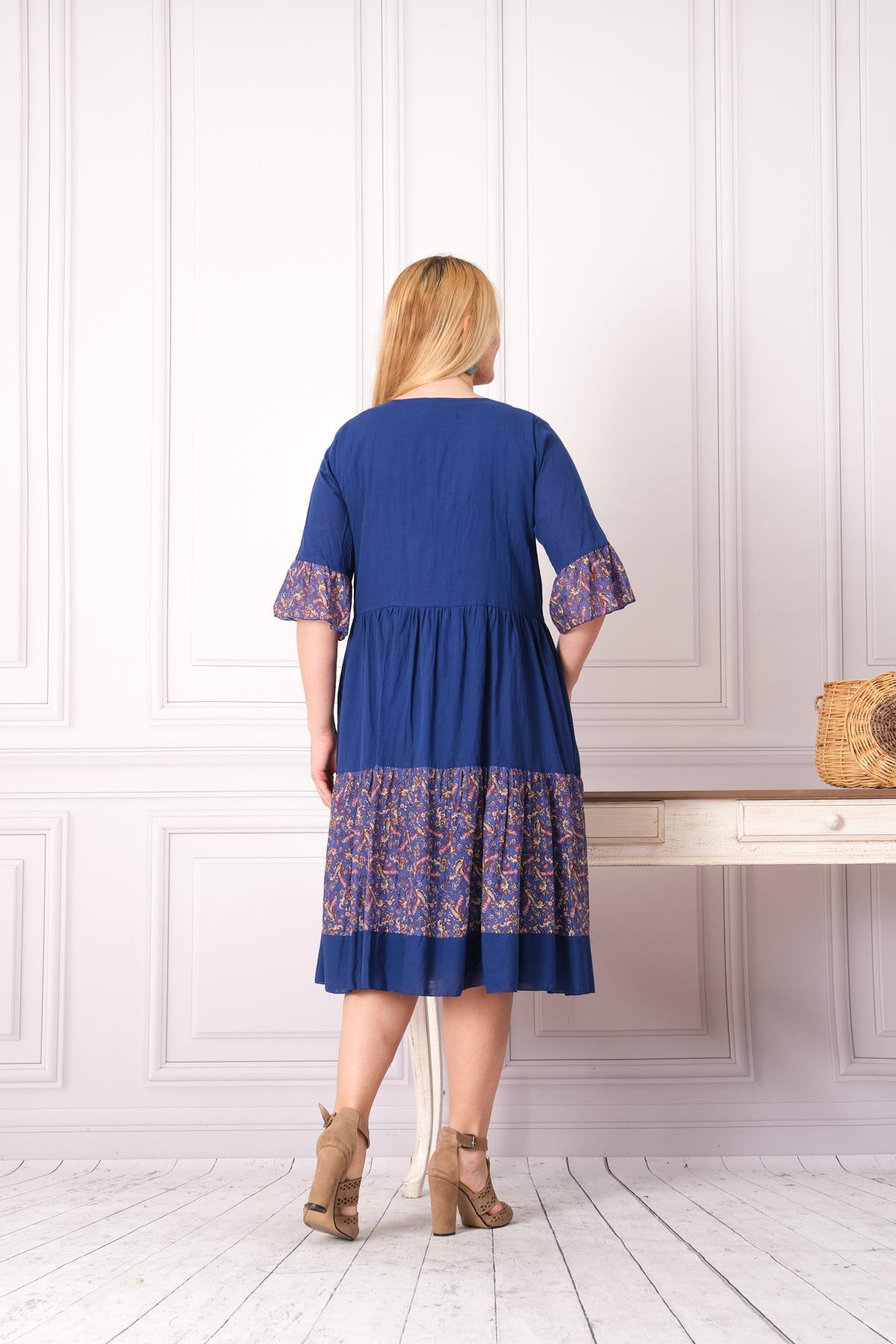 4641-1 Büyük Beden Desenli Yaka Düğmeli Katkat Kısa Kol Pamuk Otantik Elbise