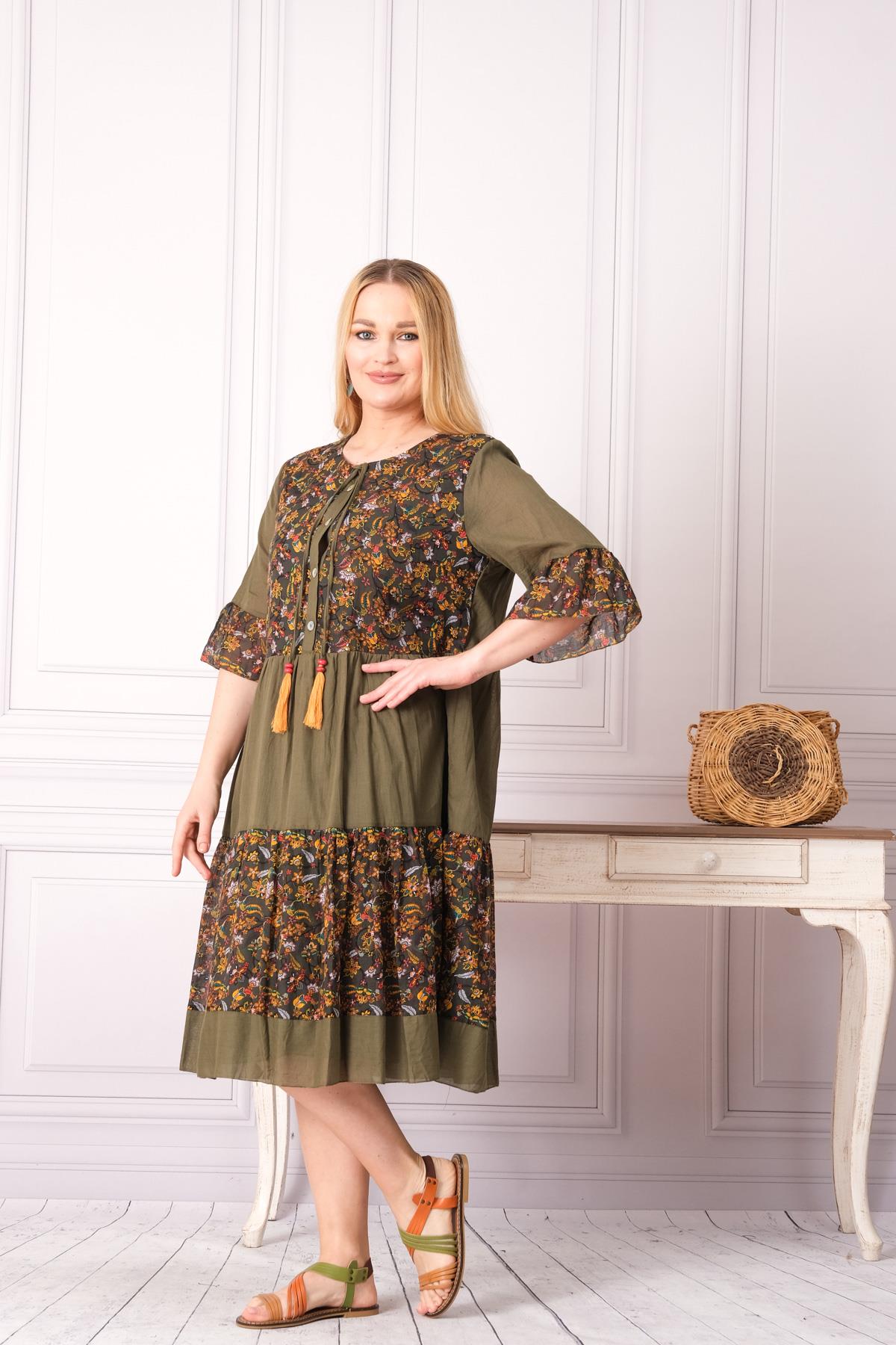 4641-1 Büyük Beden Desenli Yaka Düğmeli Katkat Kısa Kol Pamuk Otantik Elbise