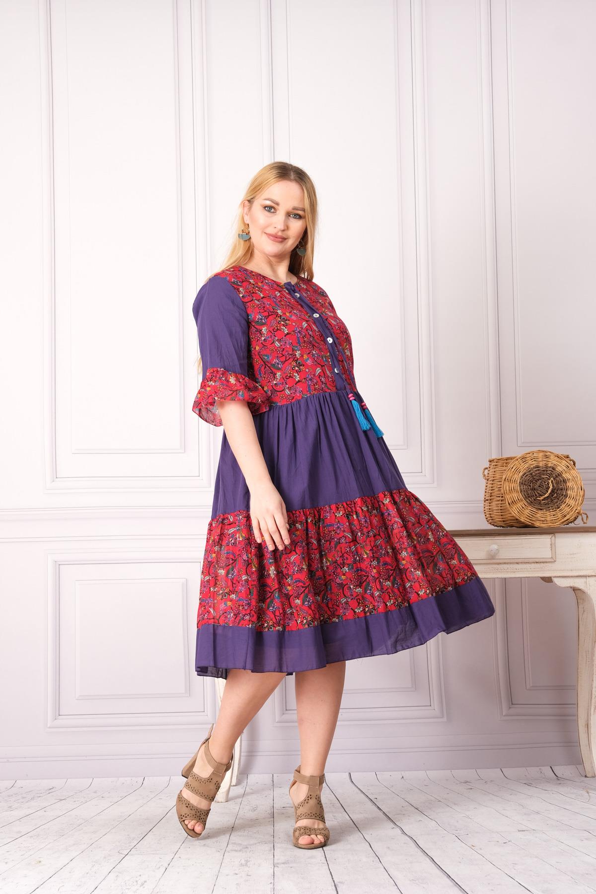 4641-1 Büyük Beden Desenli Yaka Düğmeli Katkat Kısa Kol Pamuk Otantik Elbise