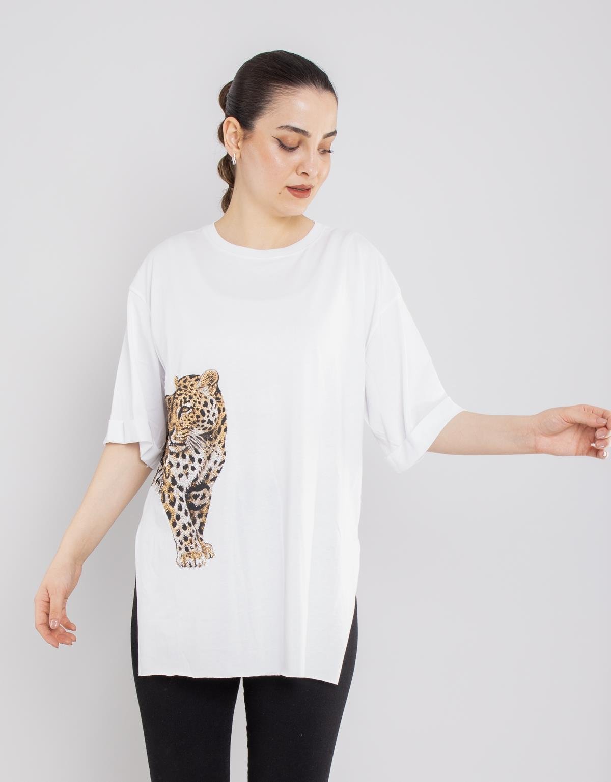 4682 Ön Arka Leopar Taş Baskılı Pamuklı Tshirt