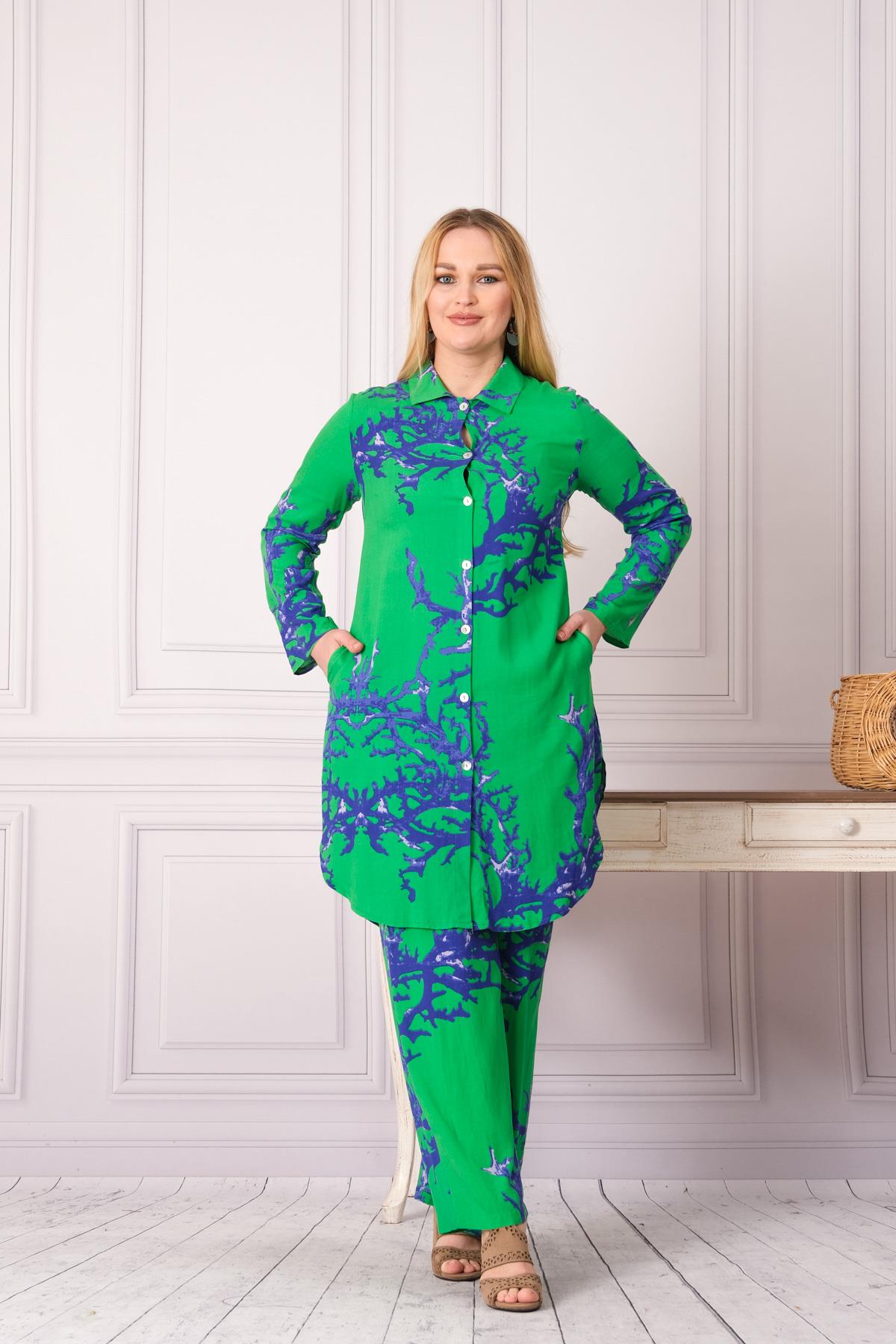 4748-1 Desenli Pamuk Gömlek Pantolon Otantik Tesettür İkili Takım