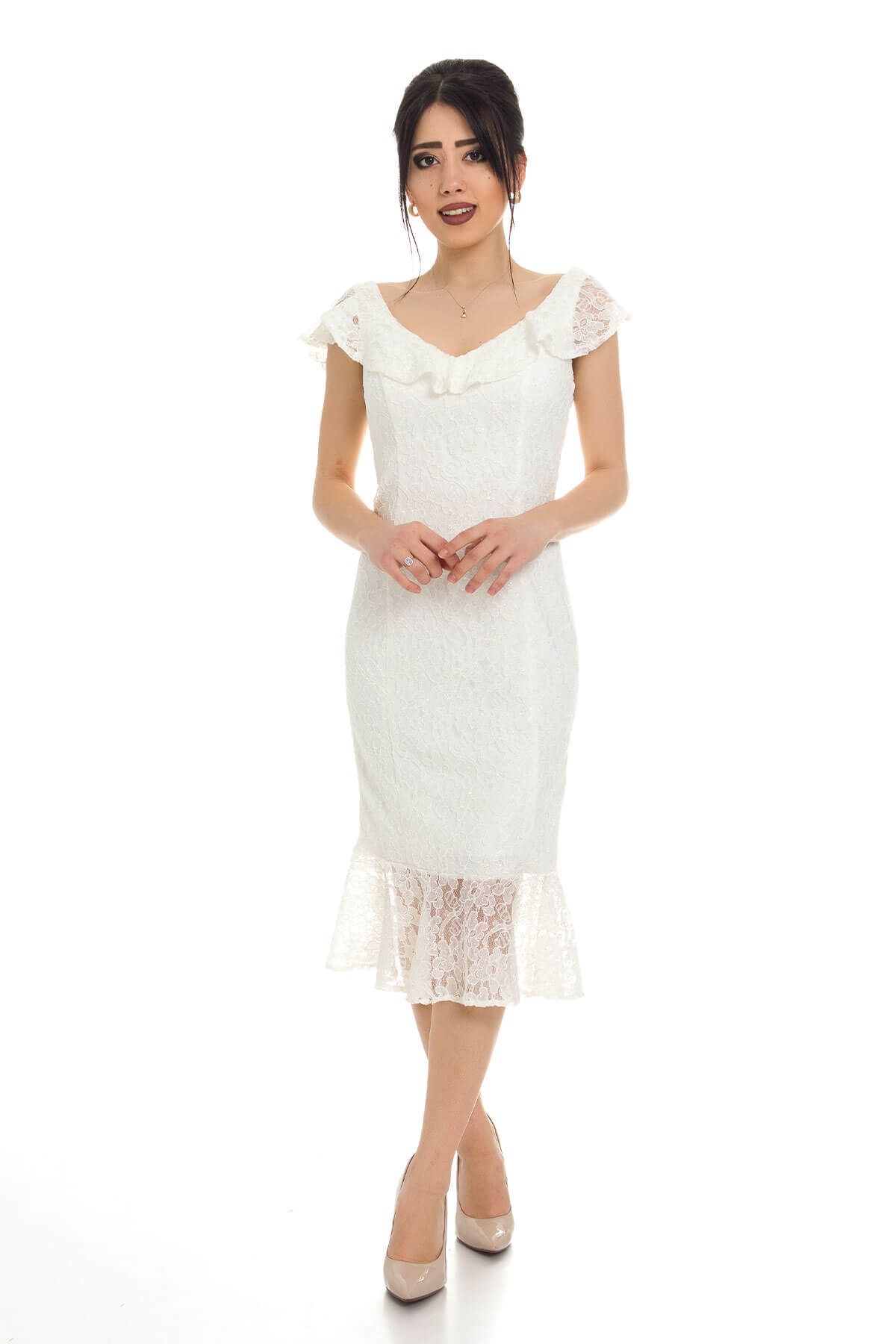 4781 KB Yakası Valonlu Kısa Dantel Elbise