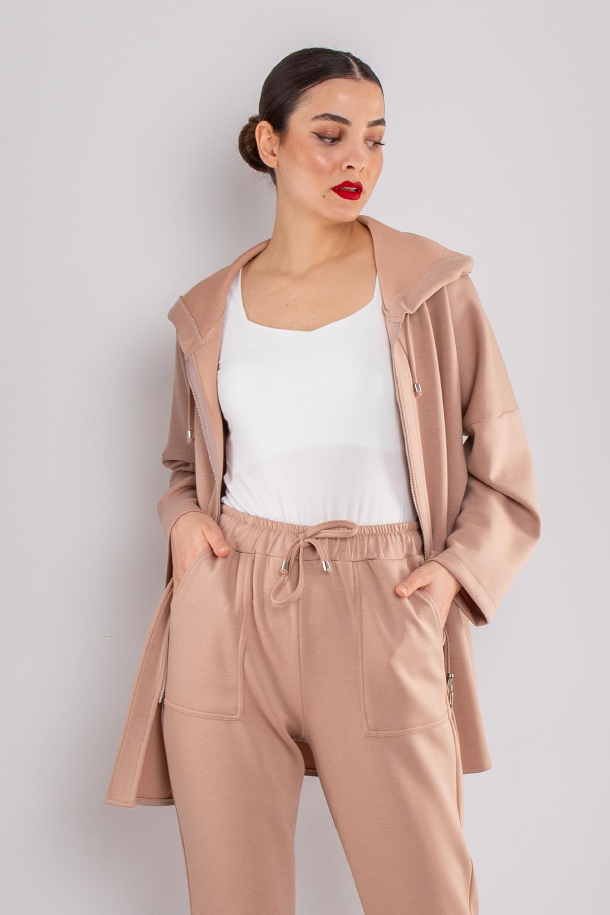 5001 Büyük Beden Oysho Kapüşonlu Fermuarlı Düşük Kol Sweat