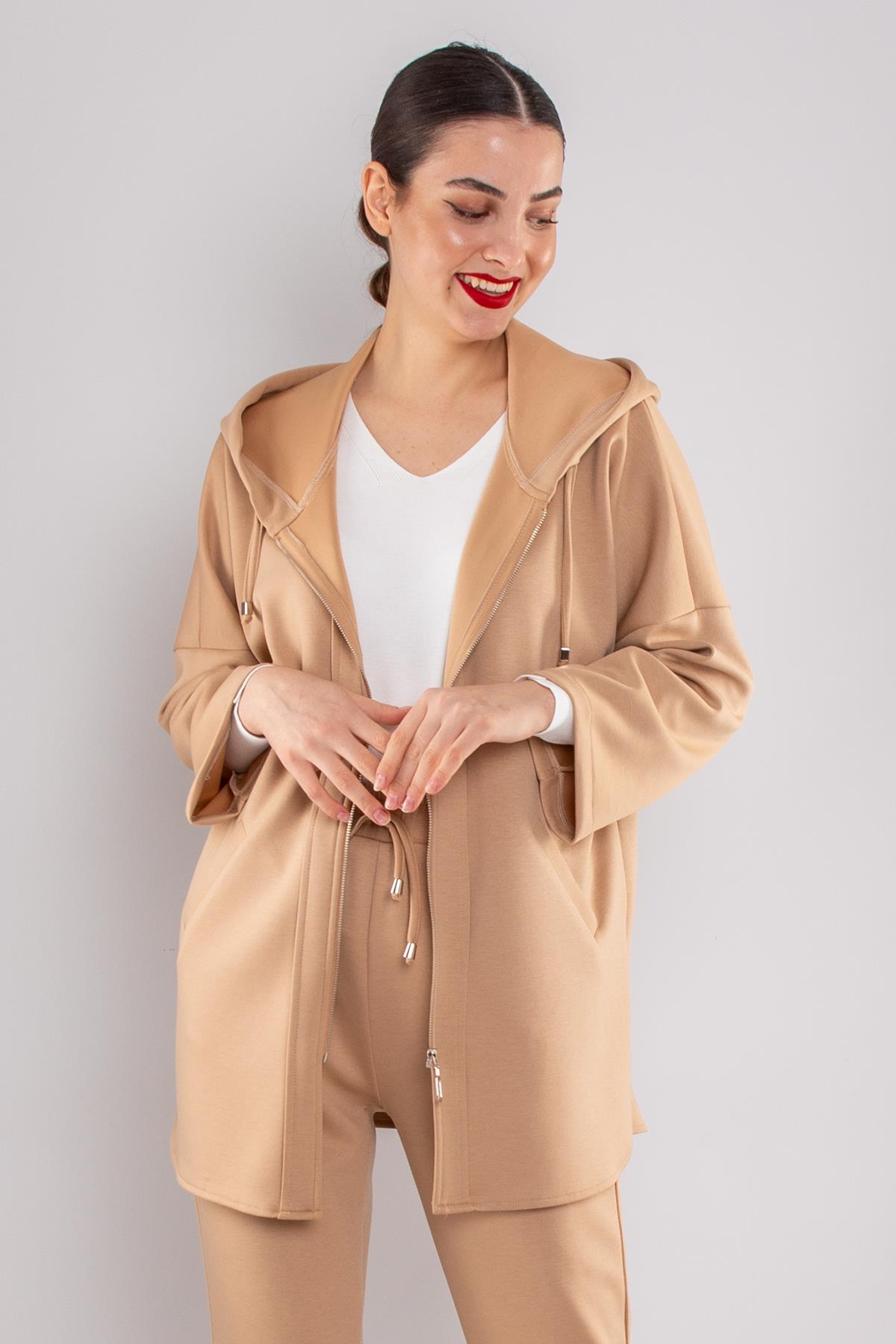 5001 Büyük Beden Oysho Kapüşonlu Fermuarlı Düşük Kol Sweat