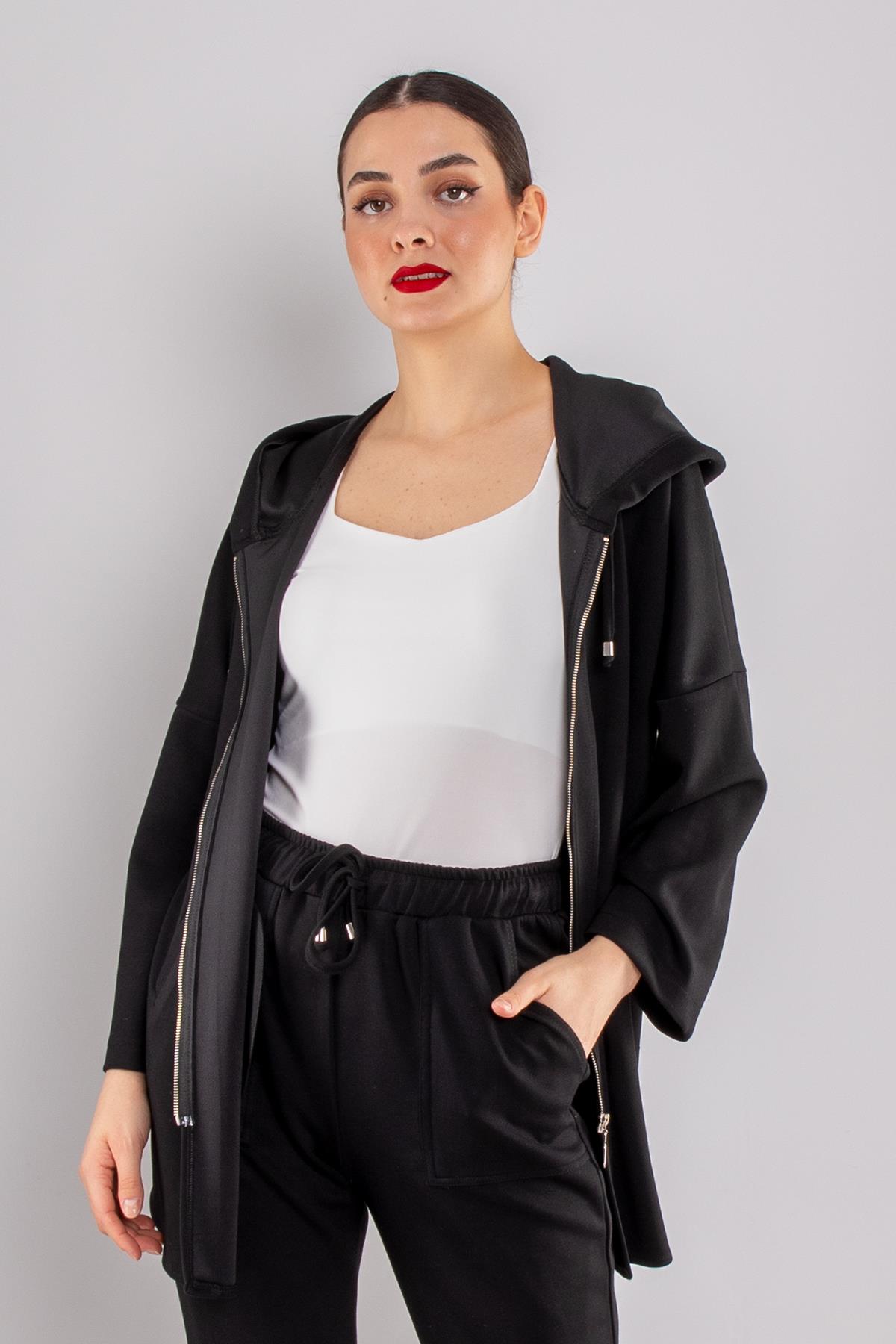 5001 Büyük Beden Oysho Kapüşonlu Fermuarlı Düşük Kol Sweat