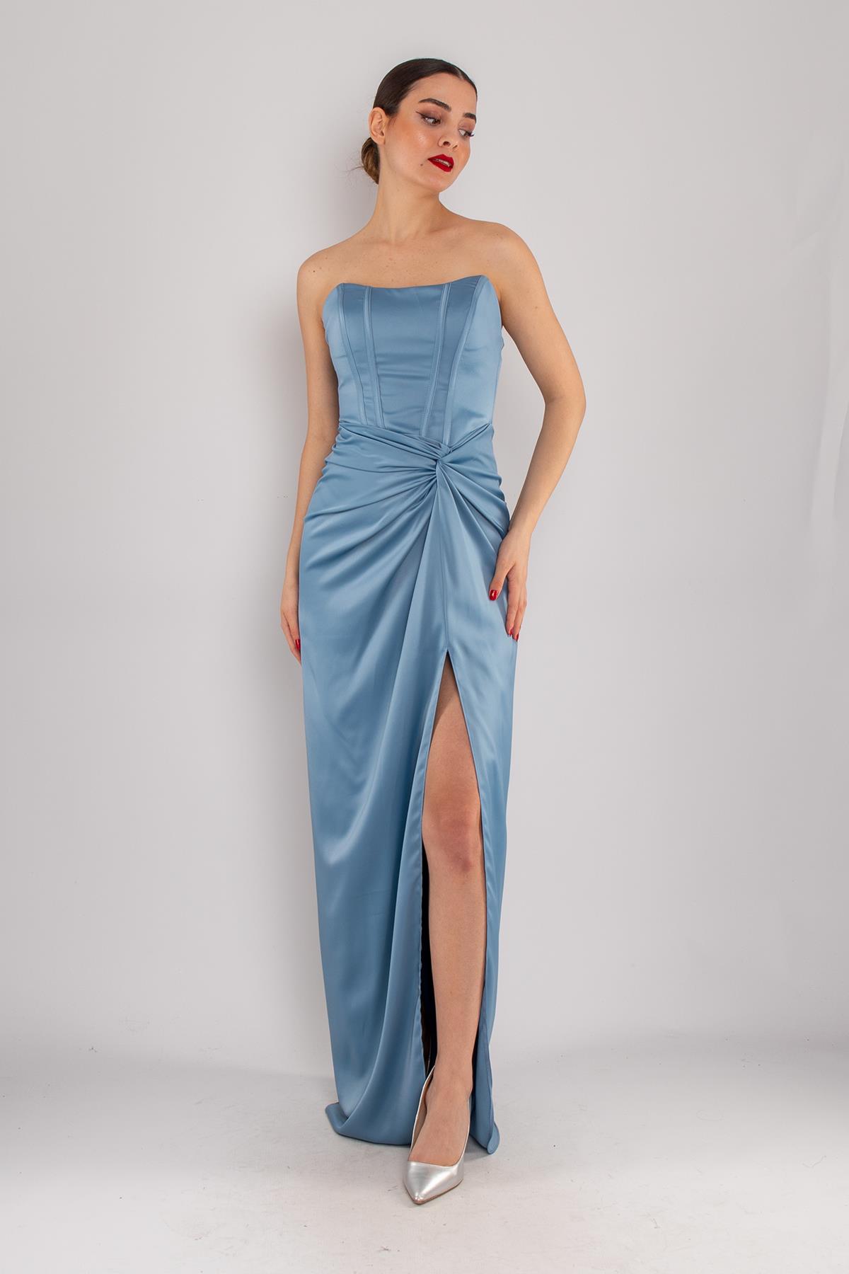 5062 Straplez Göğüs Balen Önü Büzgülü Uzun Saten Elbise