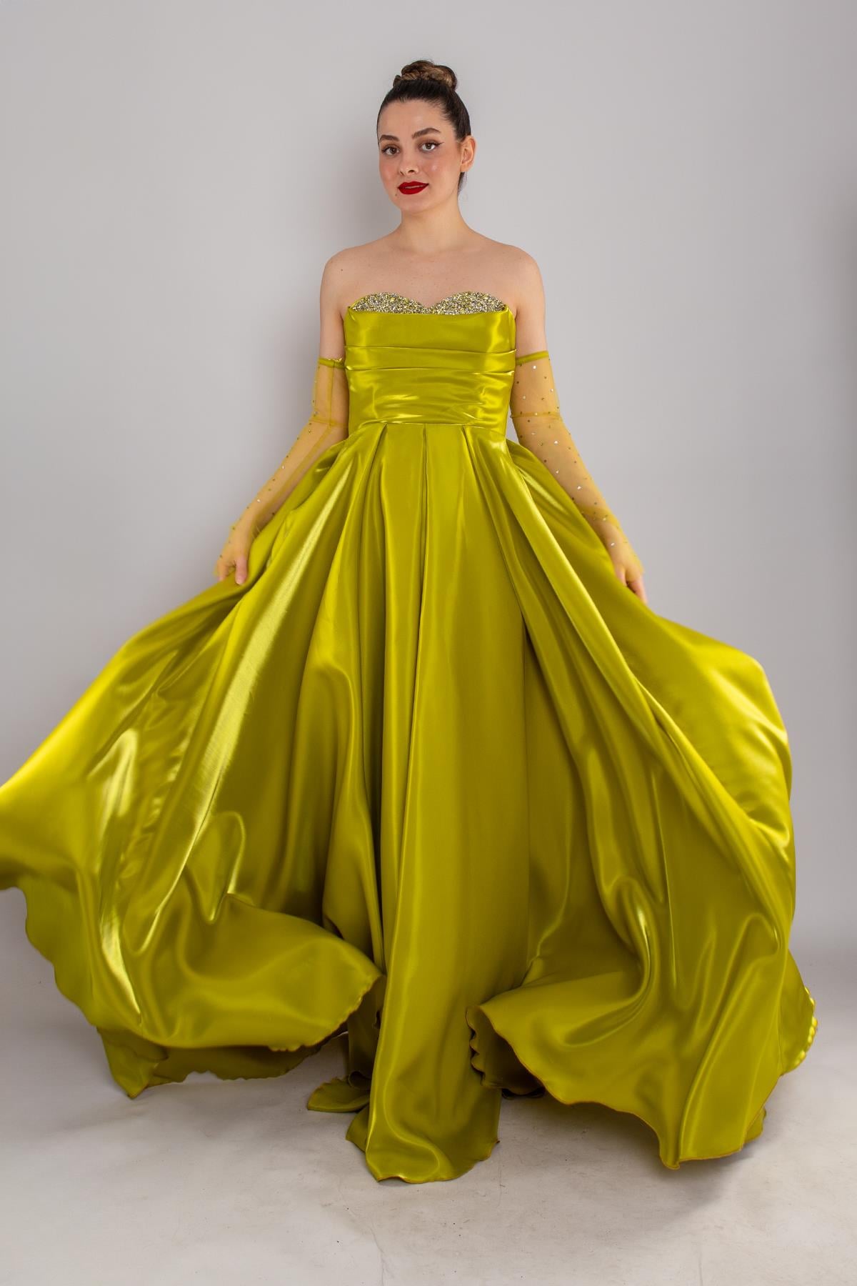 5089 Tafta Straplez Taşlı Eldivenli Prenses Uzun Elbise