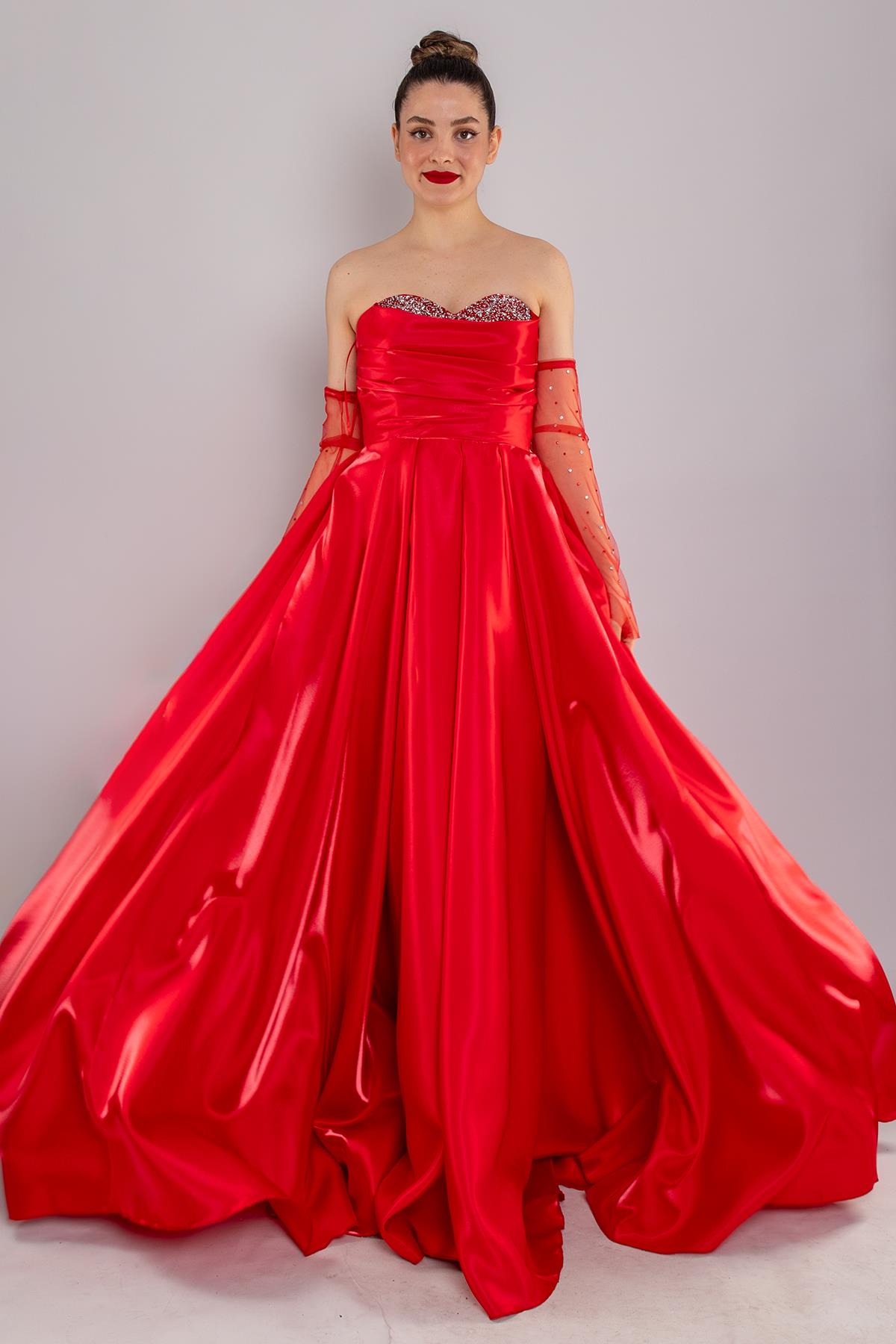 5089 Tafta Straplez Taşlı Eldivenli Prenses Uzun Elbise