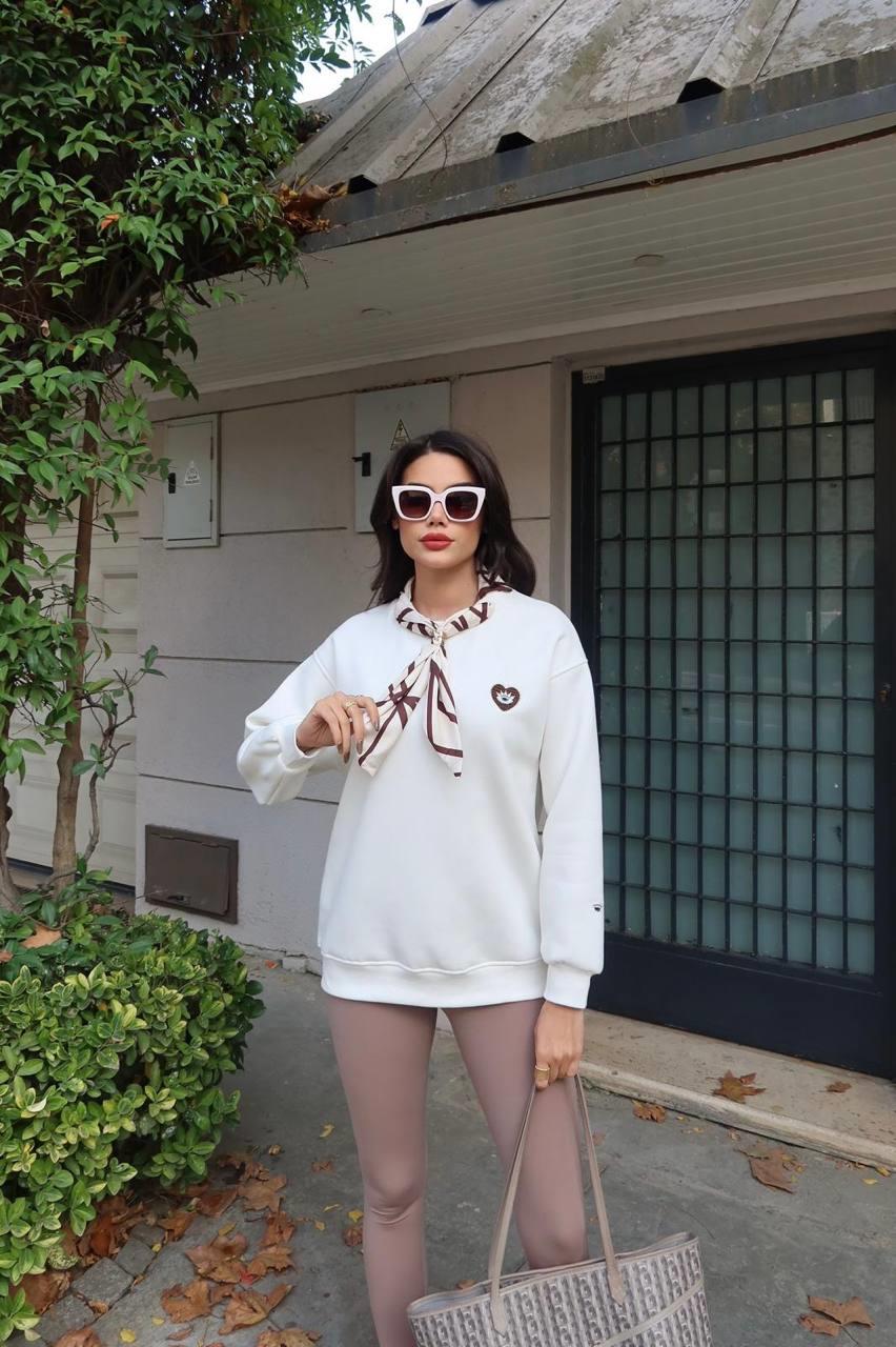 5819 Göz Baskılı Fular Detay Bisiklet Yaka Sweatshirt