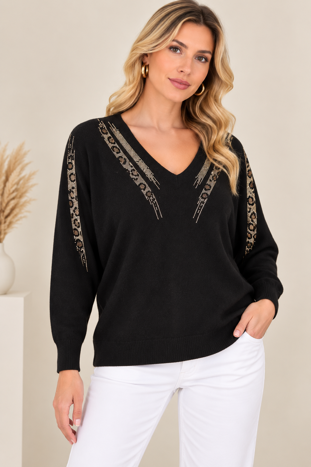 6006 Leopar Desen Taşlı Triko Bluz